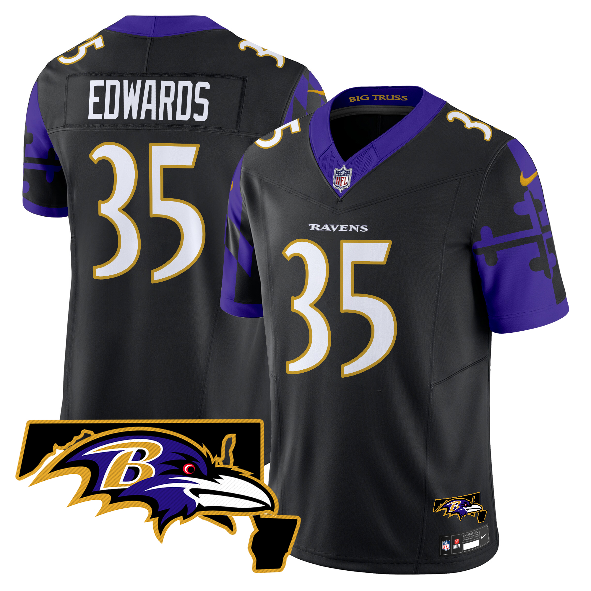 Gus Edwards Men's Baltimore Ravens Maryland Flag Map Patch Vapor Limited Black Jersey - All Stitched