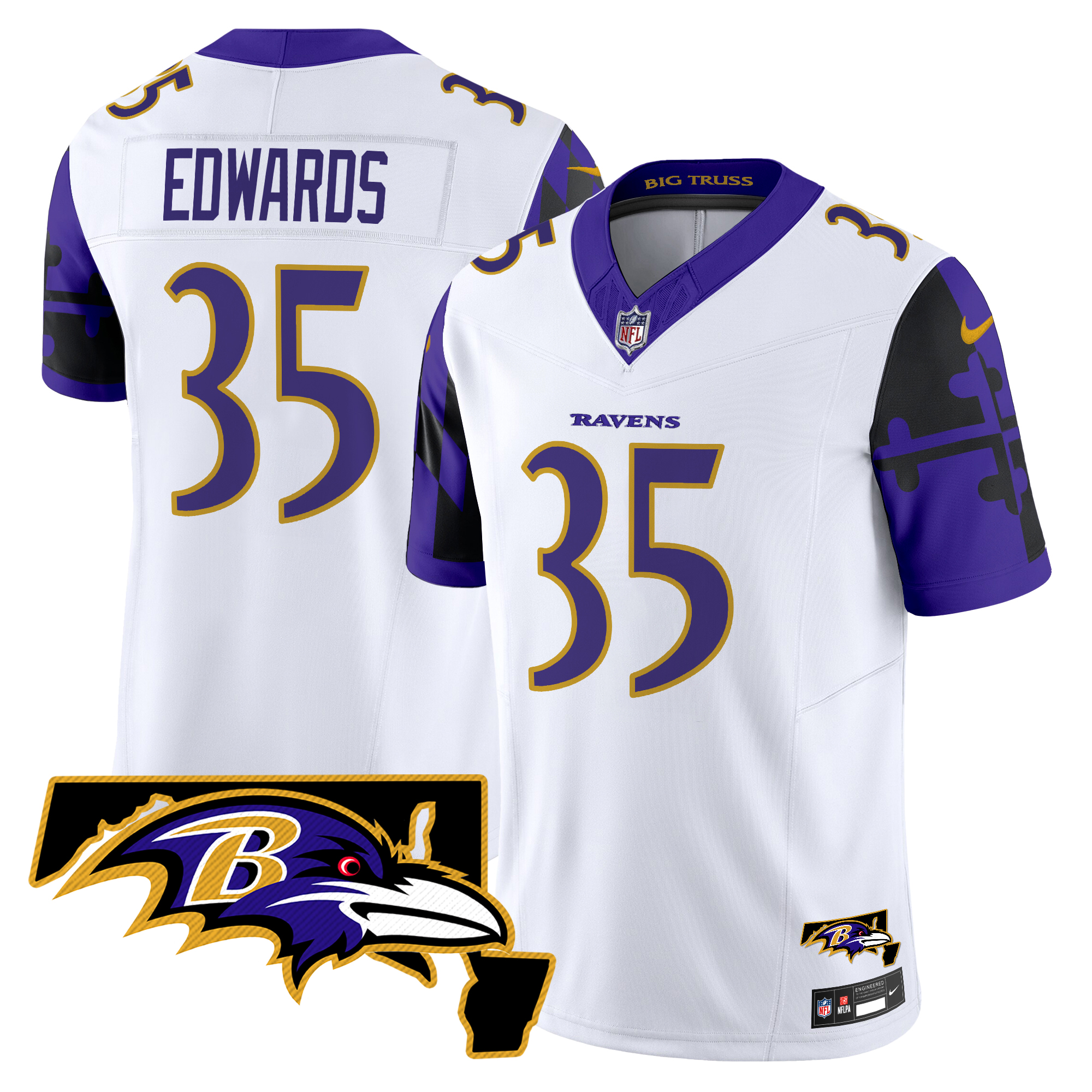 Gus Edwards Men's Baltimore Ravens Maryland Flag Map Patch Vapor Limited White Jersey - All Stitched