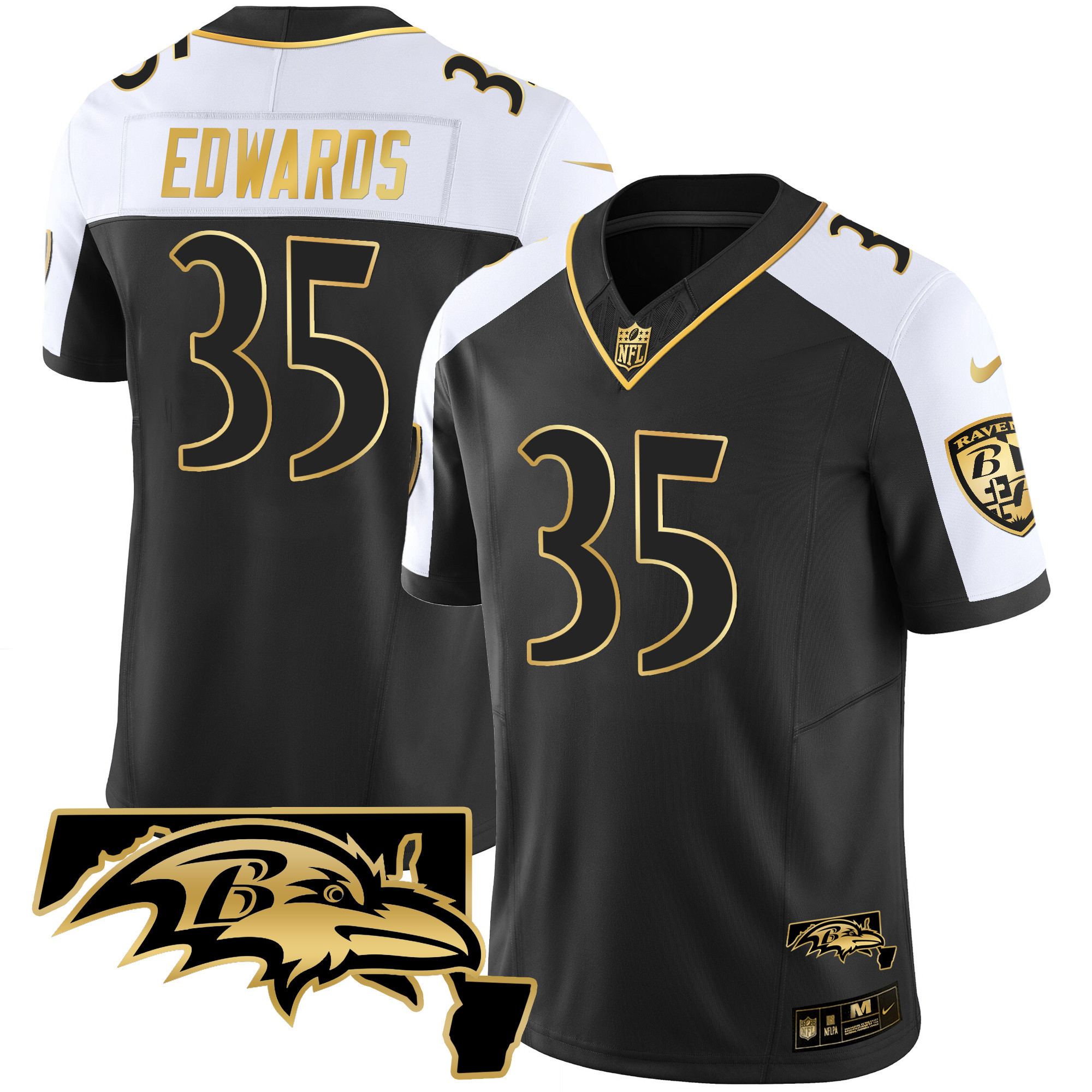 Gus Edwards Men's Baltimore Ravens Maryland Patch Vapor Gold Alternate Jersey - All Stitched