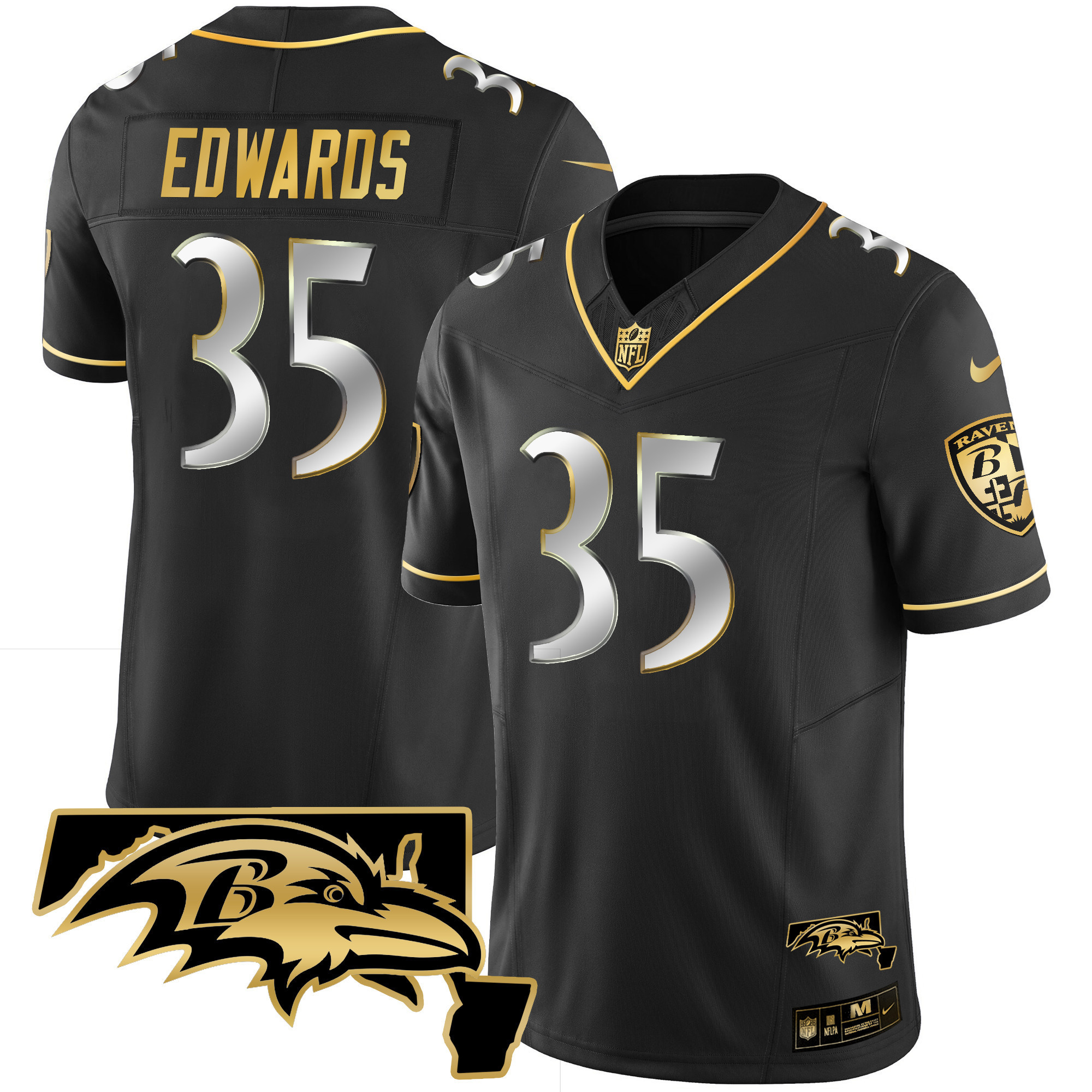 Gus Edwards Men's Baltimore Ravens Maryland Patch Vapor Gold Black Limited Jersey - All Stitched