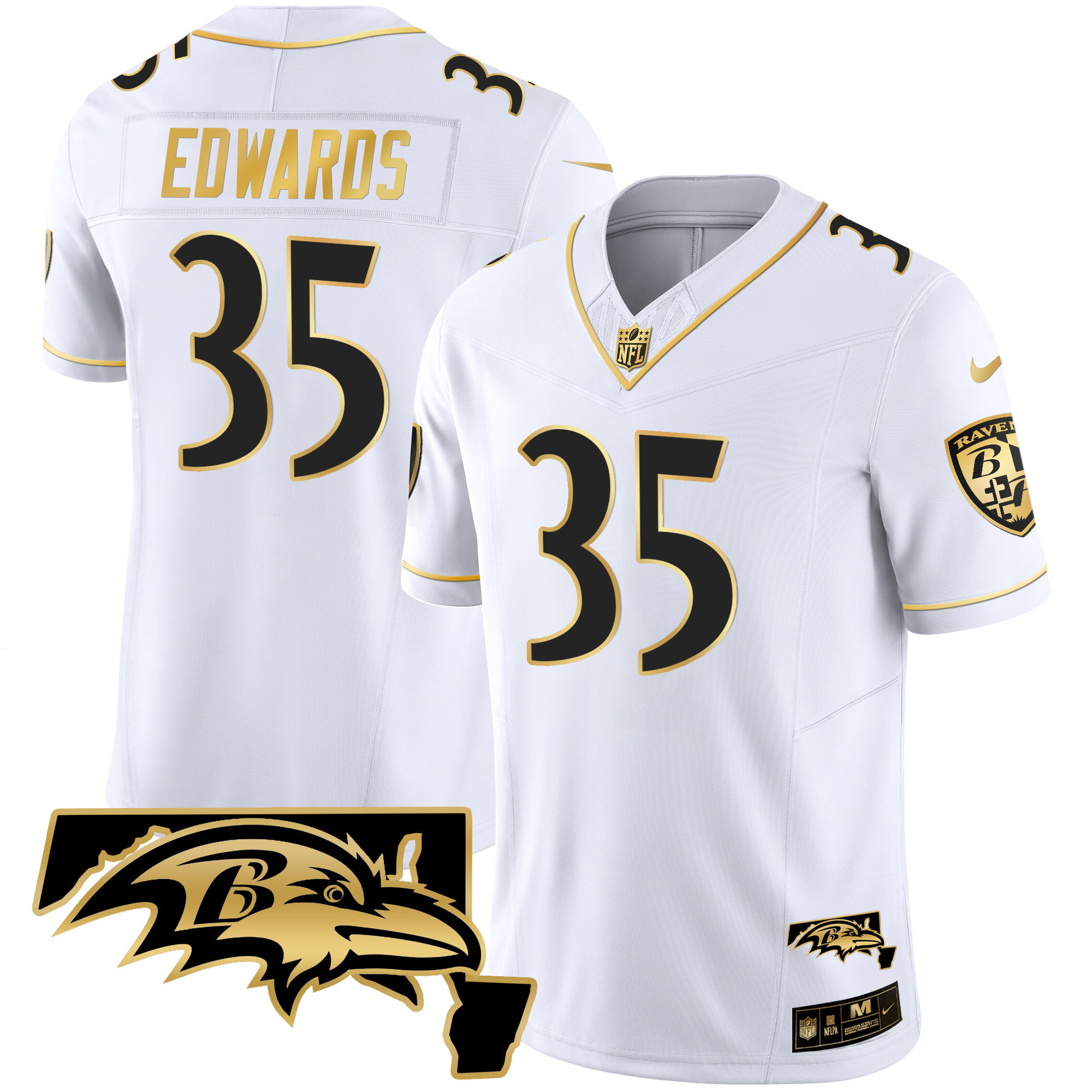 Gus Edwards Men's Baltimore Ravens Maryland Patch Vapor Gold White Gold Jersey - All Stitched