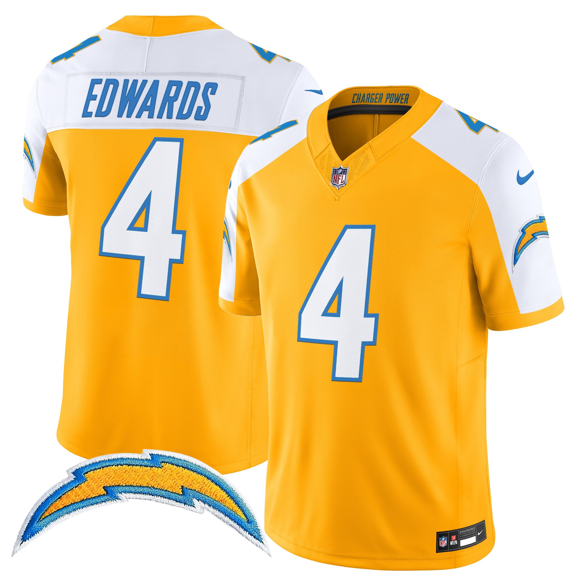 Gus Edwards Men's Los Angeles Chargers 2025 Alternate Charger Power Vapor Limited Gold Alternate Jersey - All Stitched