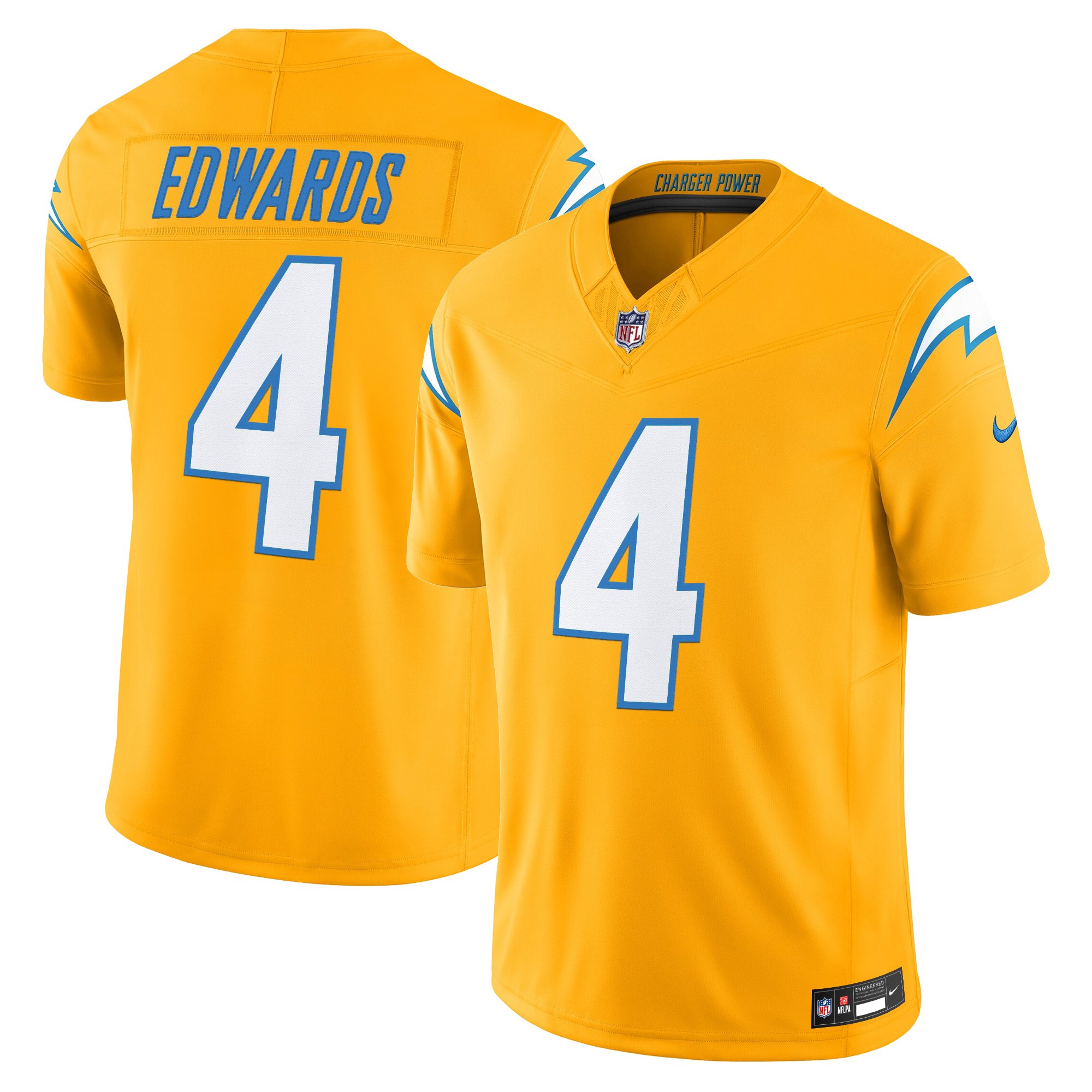 Gus Edwards Men's Los Angeles Chargers 2025 Alternate Charger Power Vapor Limited Gold Jersey - All Stitched