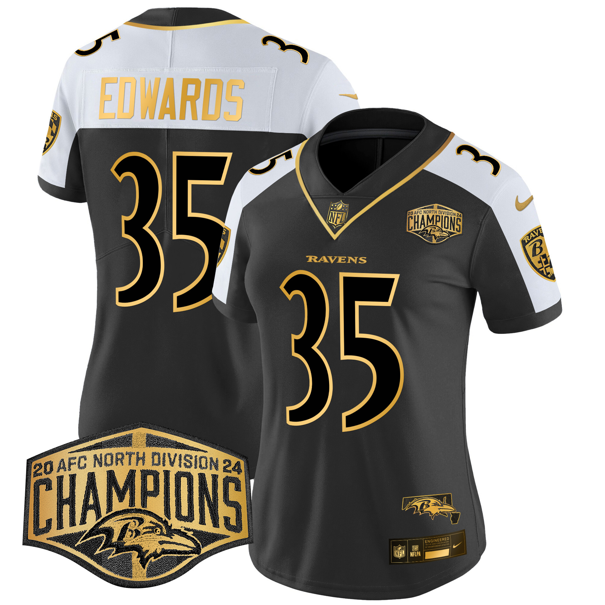 Gus Edwards Women's Baltimore Ravens Maryland Flag Map 2024 AFC North Division Champions Patch Gold Vapor Limited Alternate Jersey - All Stitched