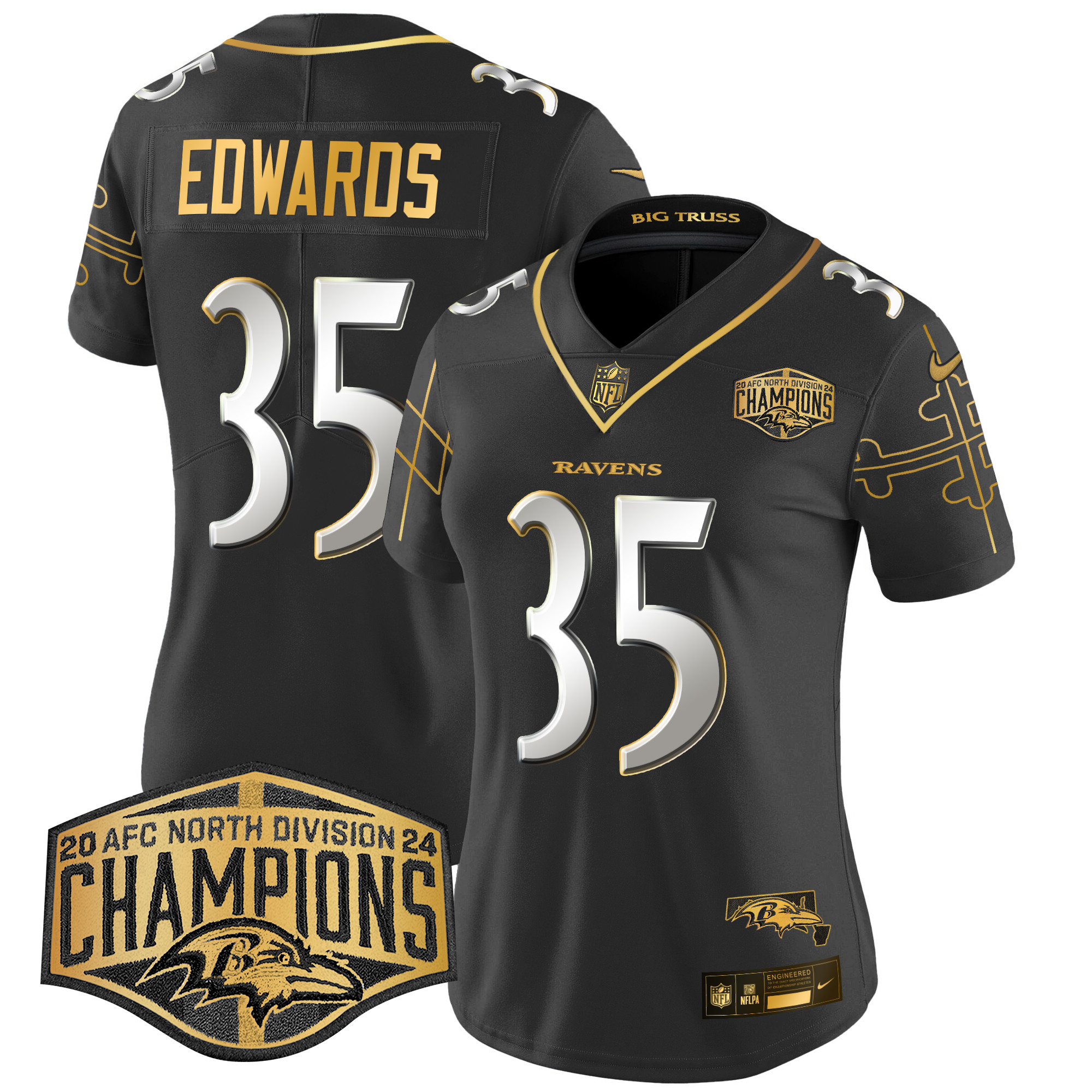 Gus Edwards Women's Baltimore Ravens Maryland Flag Map 2024 AFC North Division Champions Patch Gold Vapor Limited Black Limited Jersey - All Stitched