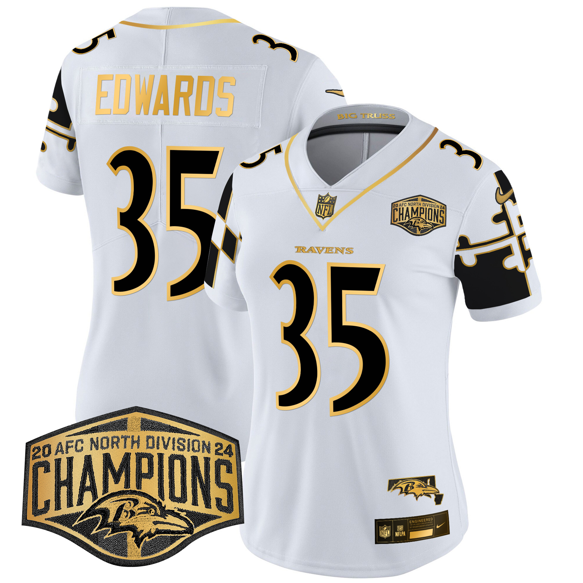 Gus Edwards Women's Baltimore Ravens Maryland Flag Map 2024 AFC North Division Champions Patch Gold Vapor Limited White Gold Jersey - All Stitched