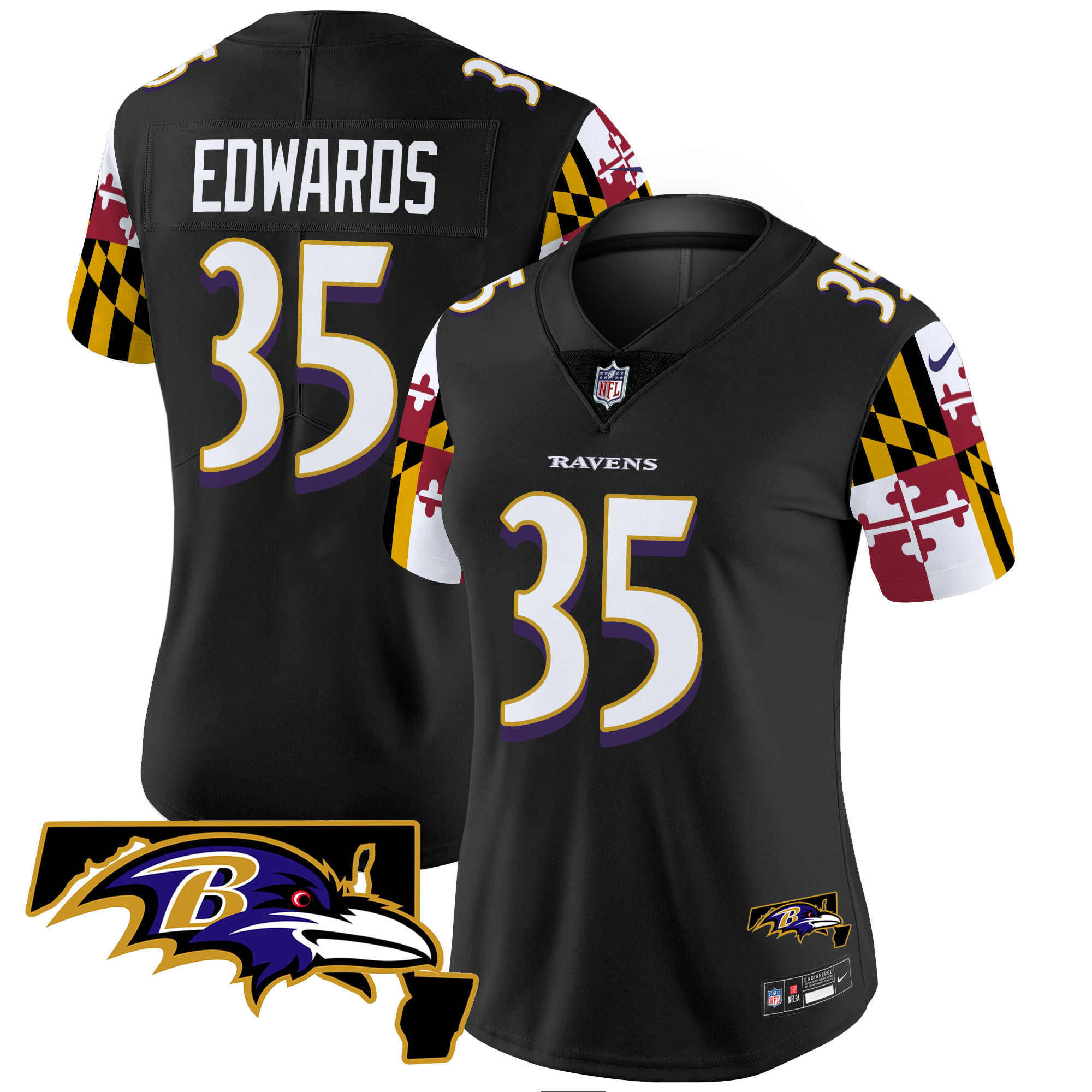 Gus Edwards Women's Baltimore Ravens Maryland Flag Vapor Limited Black Jersey - All Stitched