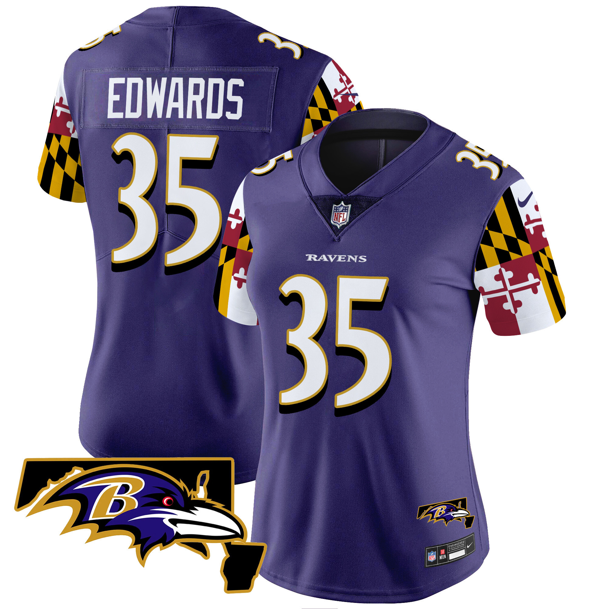 Gus Edwards Women's Baltimore Ravens Maryland Flag Vapor Limited Purple Jersey - All Stitched