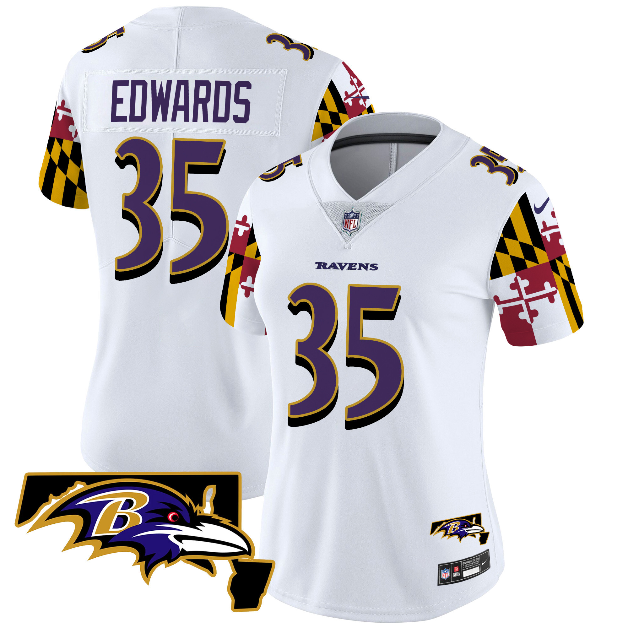 Gus Edwards Women's Baltimore Ravens Maryland Flag Vapor Limited White Jersey - All Stitched