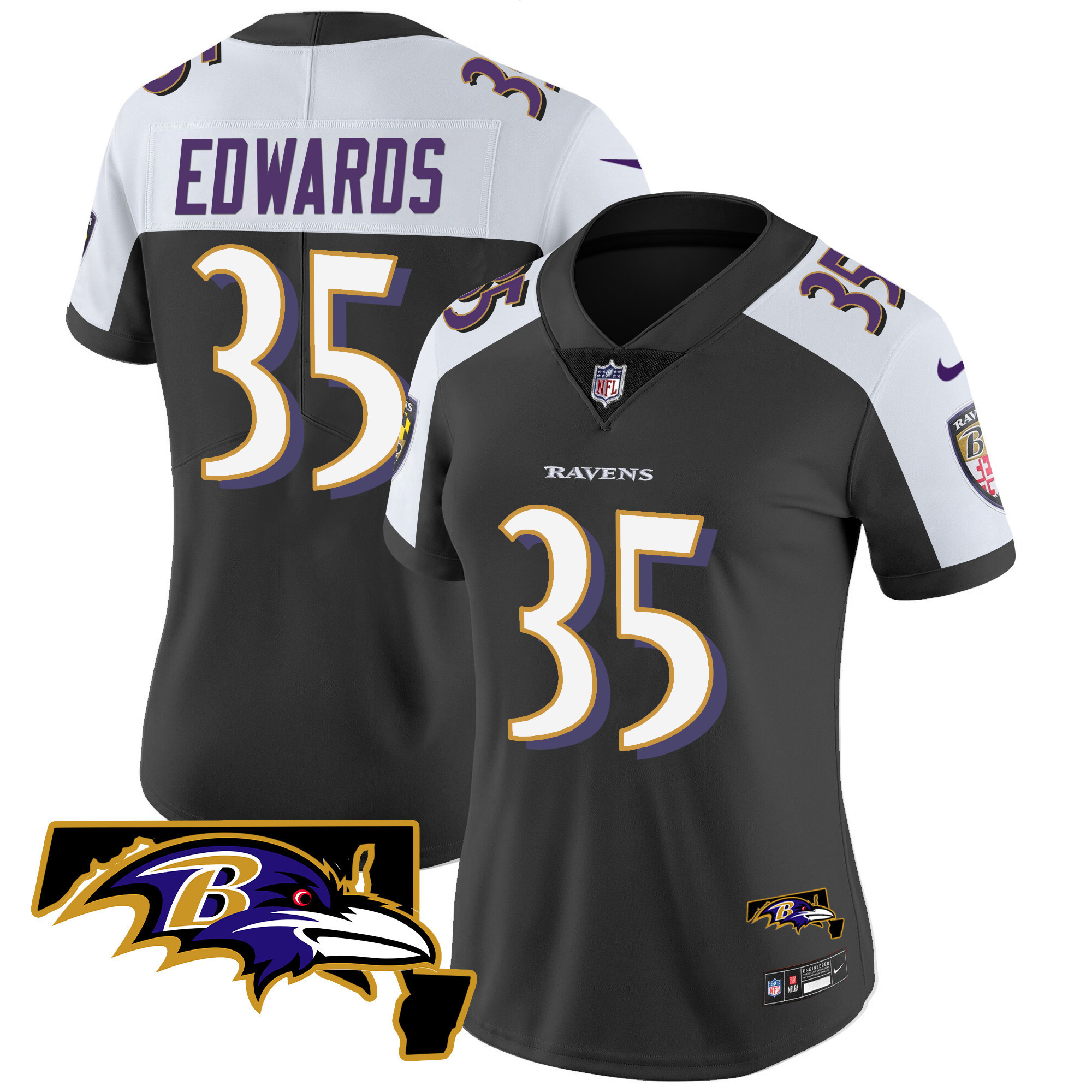 Gus Edwards Women's Baltimore Ravens Maryland Patch Vapor Limited Black Alternate Jersey - All Stitched