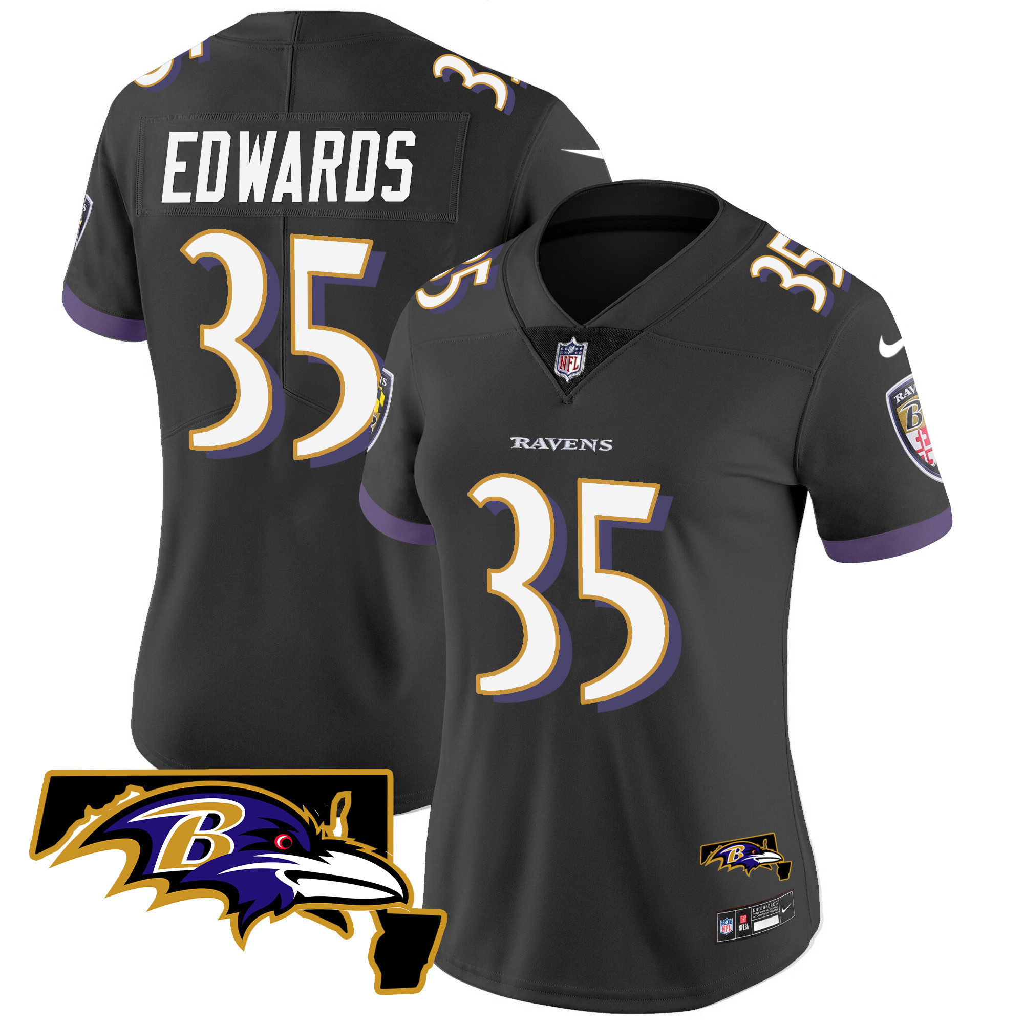 Gus Edwards Women's Baltimore Ravens Maryland Patch Vapor Limited Black Jersey - All Stitched