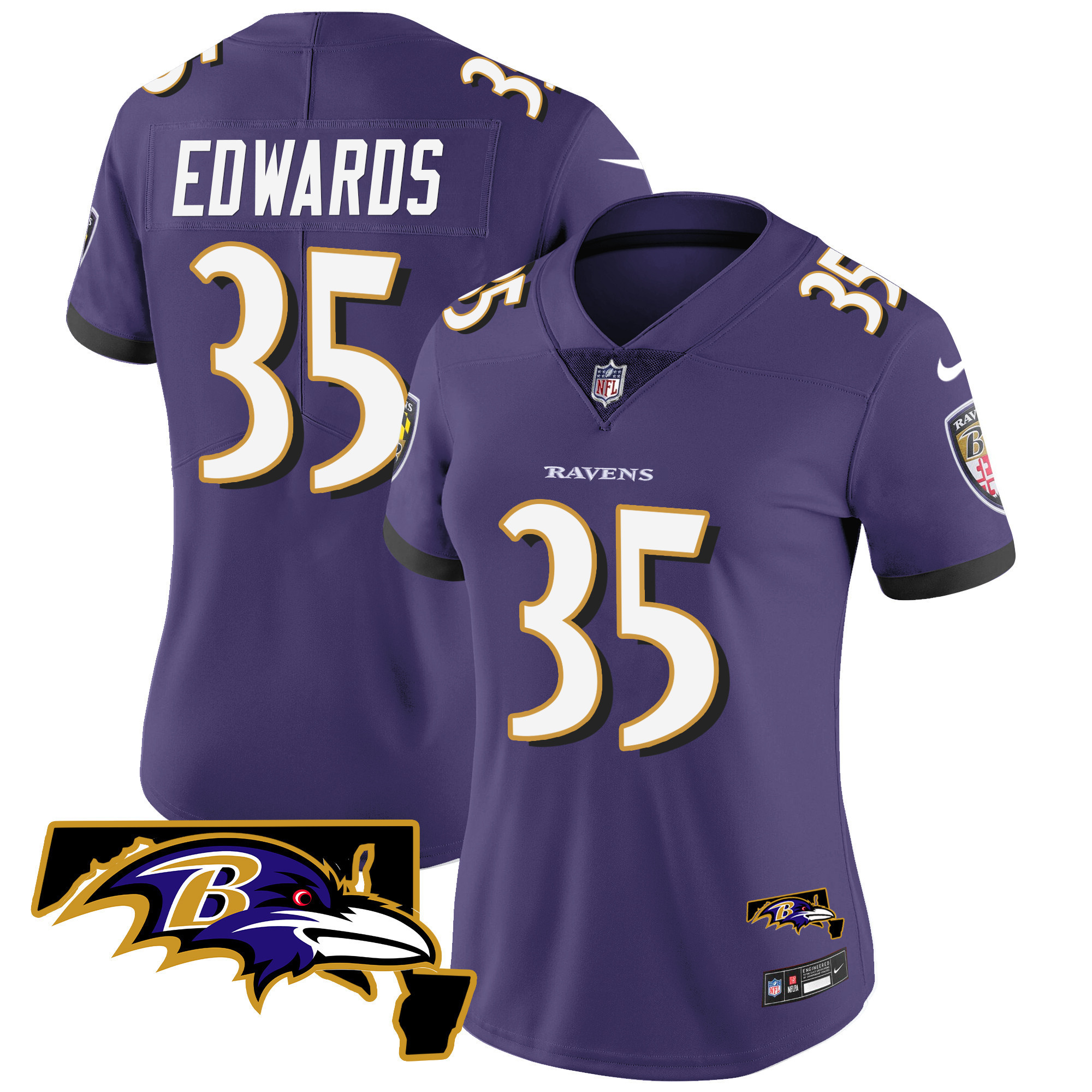 Gus Edwards Women's Baltimore Ravens Maryland Patch Vapor Limited Purple Jersey - All Stitched