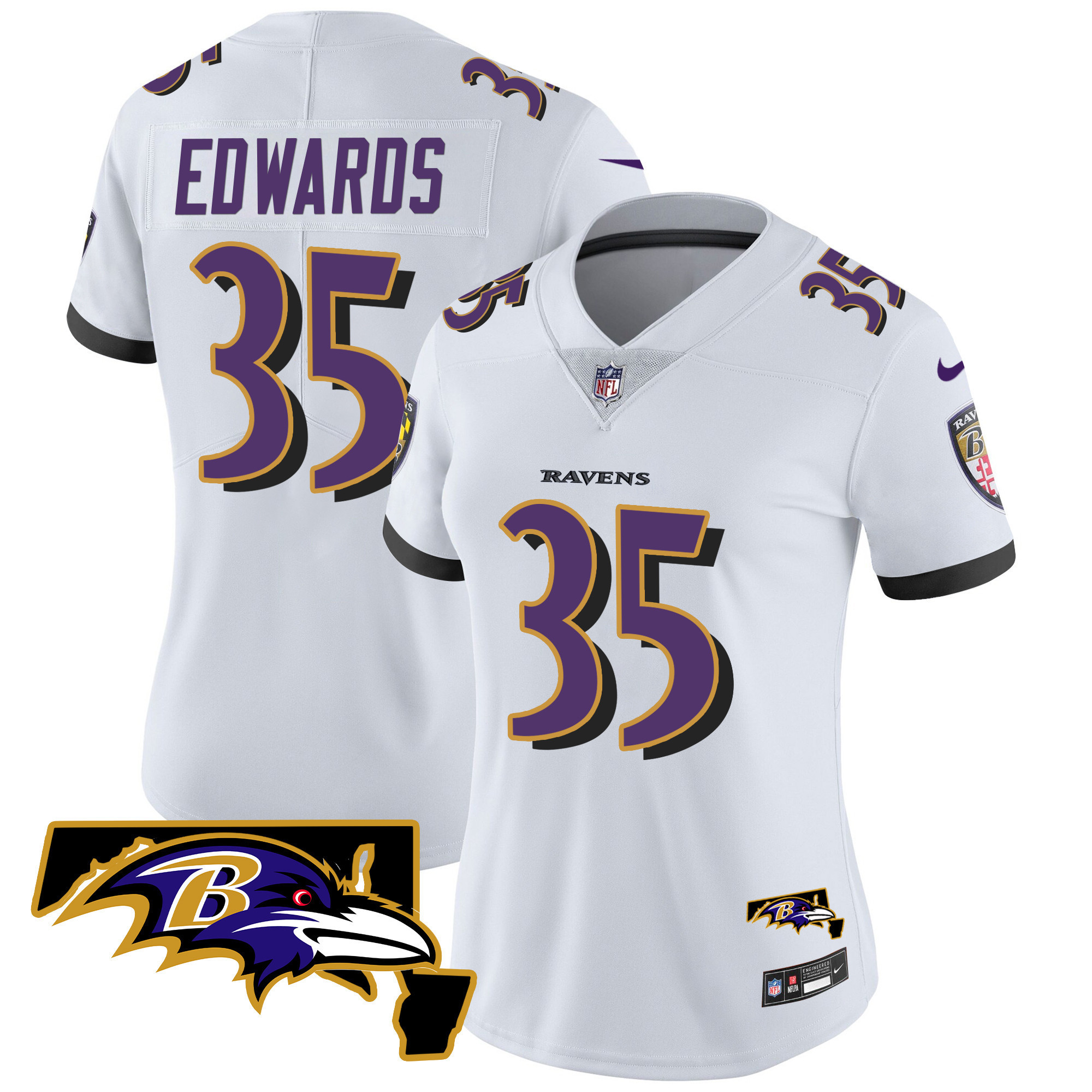 Gus Edwards Women's Baltimore Ravens Maryland Patch Vapor Limited White Jersey - All Stitched