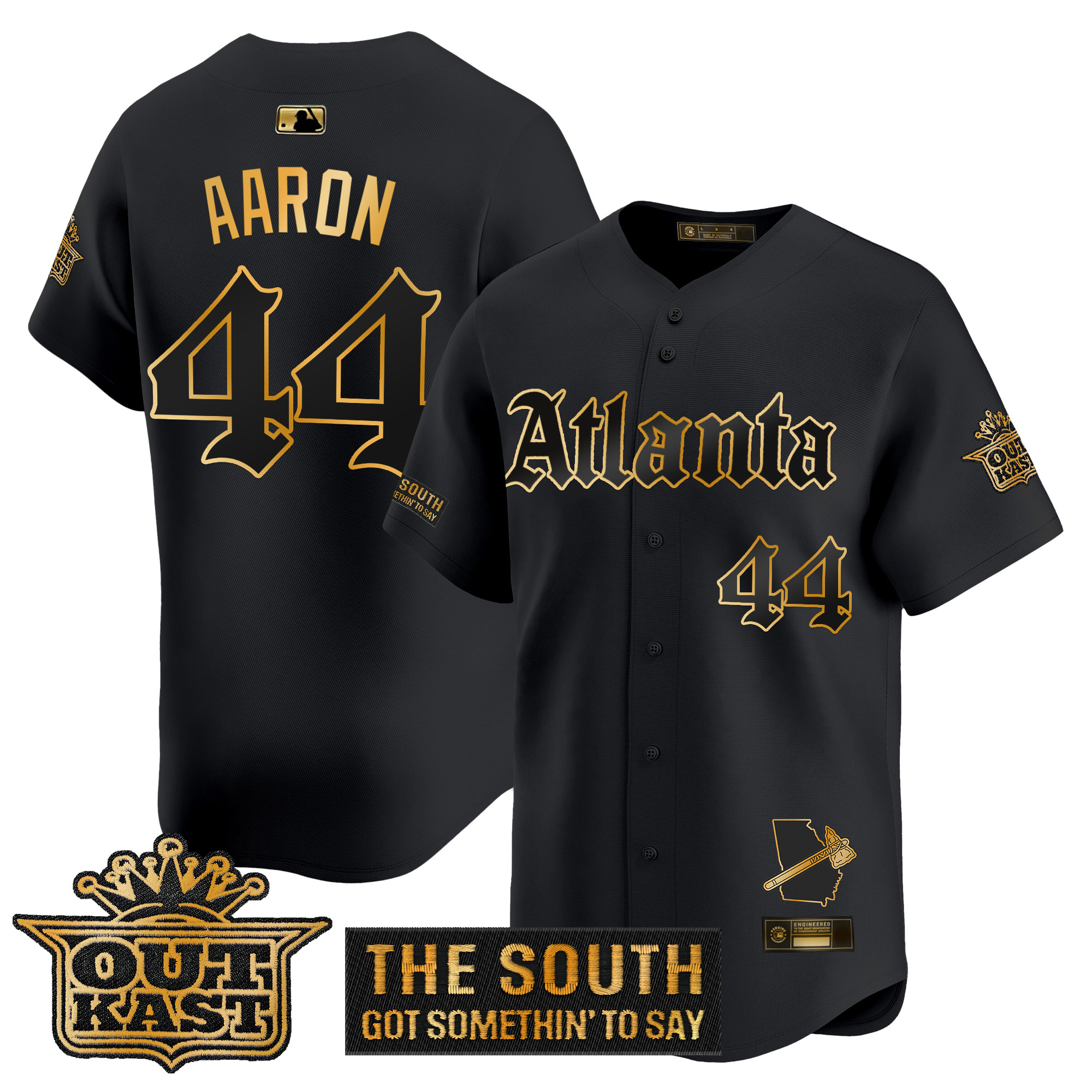 Hank Aaron Men's Atlanta Braves 'Gothic South x Outkast Edition' Gold Vapor Premier Limited Black Gold Jersey - All Stitched