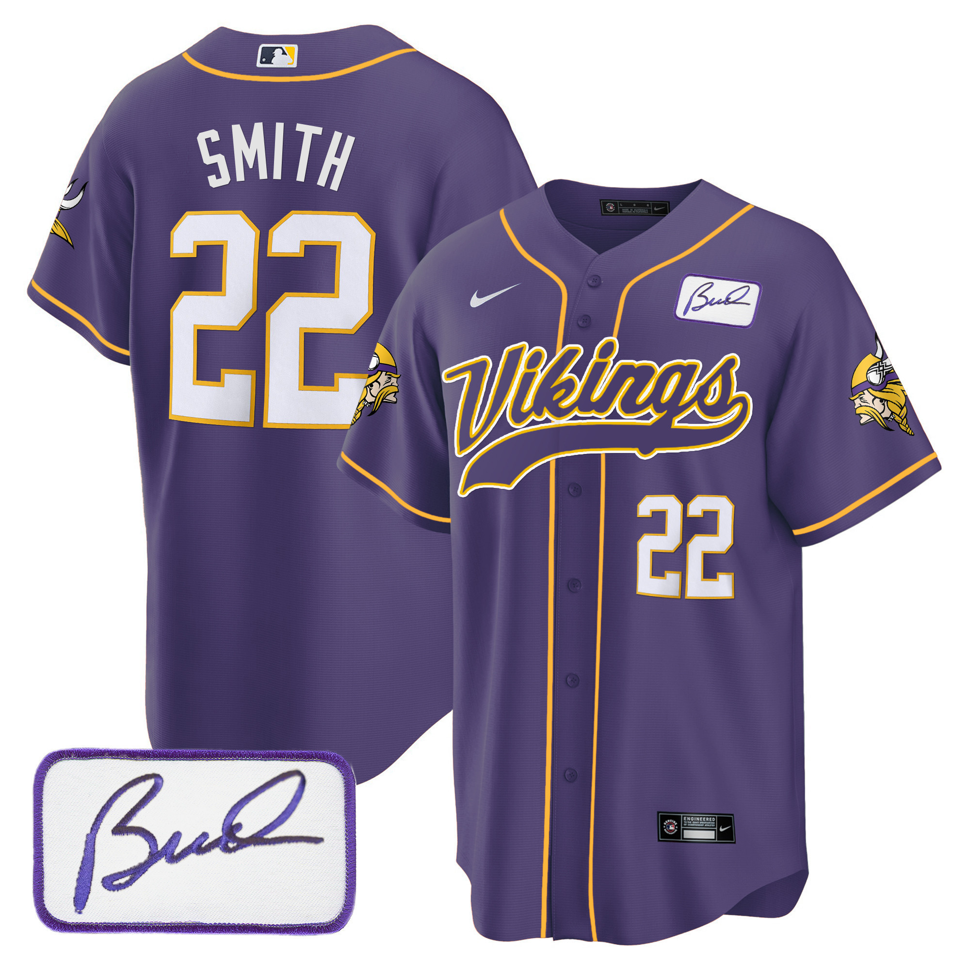 Harrison Smith Men's Minnesota Vikings Bud Grant Patch Classic Baseball Purple Jersey - All Stitched