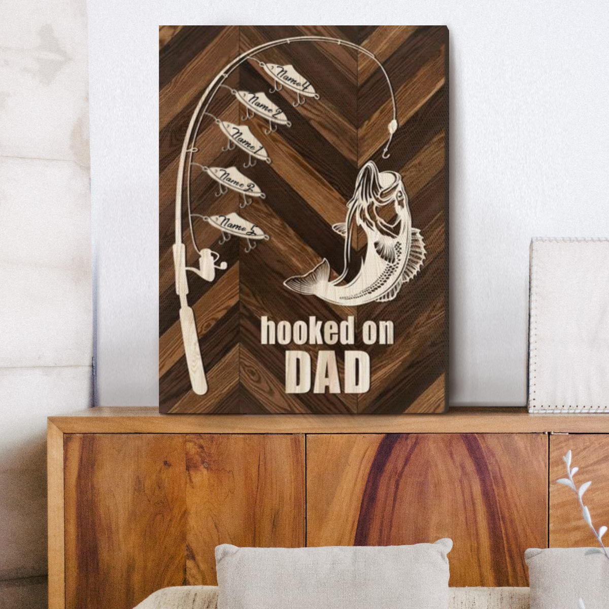 Hooked On Dad Custom Canvas With Kids Names, Fatherâ€™s Day Gift for Fisherman Dads, Personalized Fishing Gifts For Dad, Birthday Gifts For Fisherman