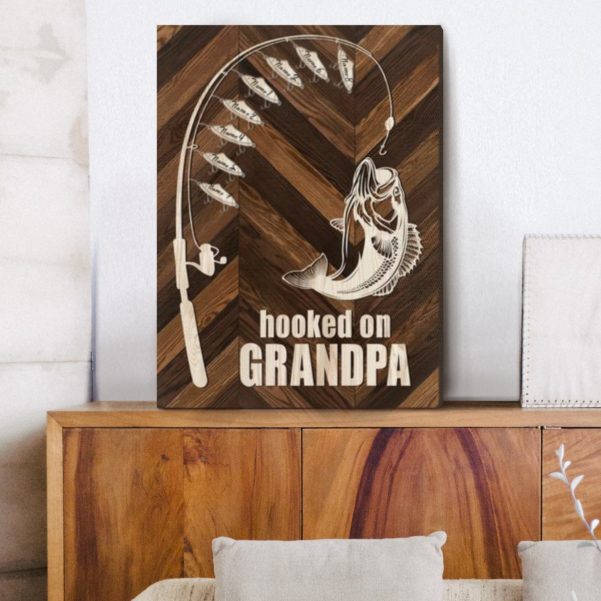 Hooked On Grandpa Custom Fishing Canvas, Grandpa Fishing Gift From Grandkids, Fishing Gifts For Fatherâ€™s Day 2025, Grandfather Fishing Sign