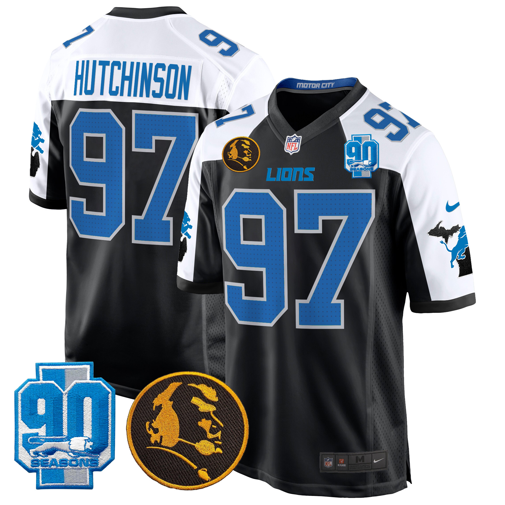 Hutchinson Men's Detroit Lions 2024 90th & John Madden Patch Game Alternate Jersey - All Stitched