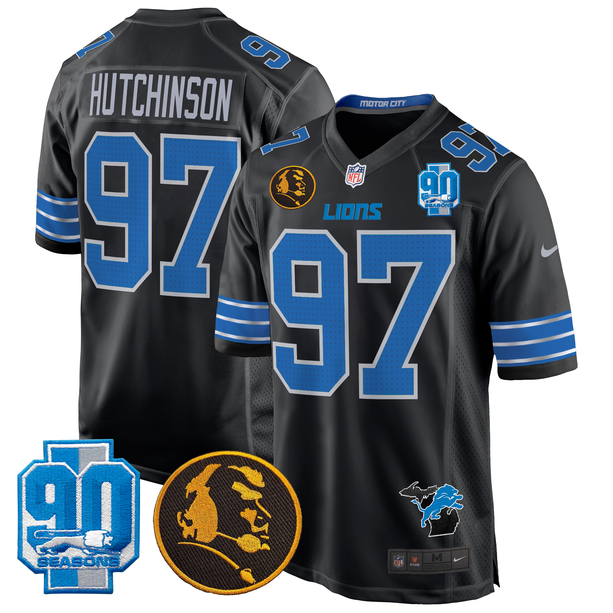 Hutchinson Men's Detroit Lions 2024 90th & John Madden Patch Game Black Jersey - All Stitched