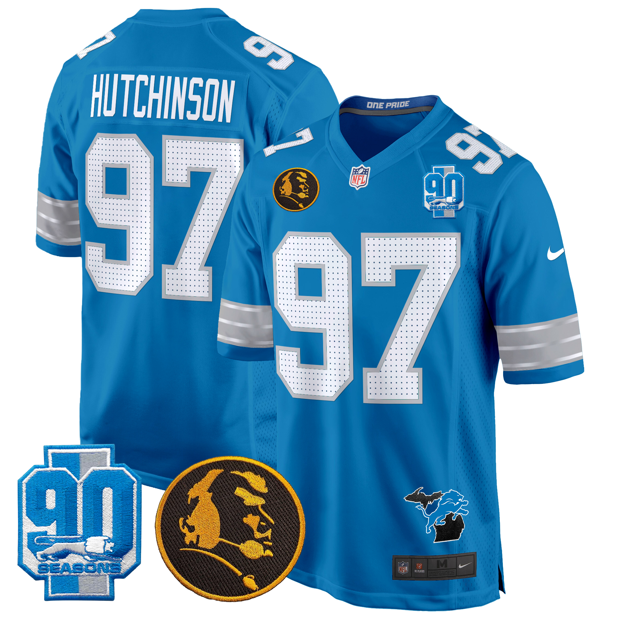 Hutchinson Men's Detroit Lions 2024 90th & John Madden Patch Game Blue Jersey - All Stitched