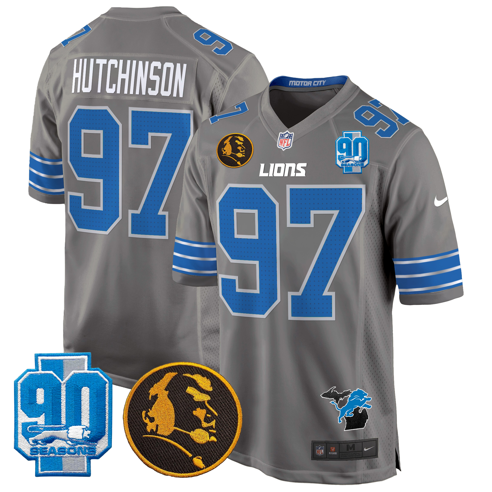 Hutchinson Men's Detroit Lions 2024 90th & John Madden Patch Game Gray Jersey - All Stitched