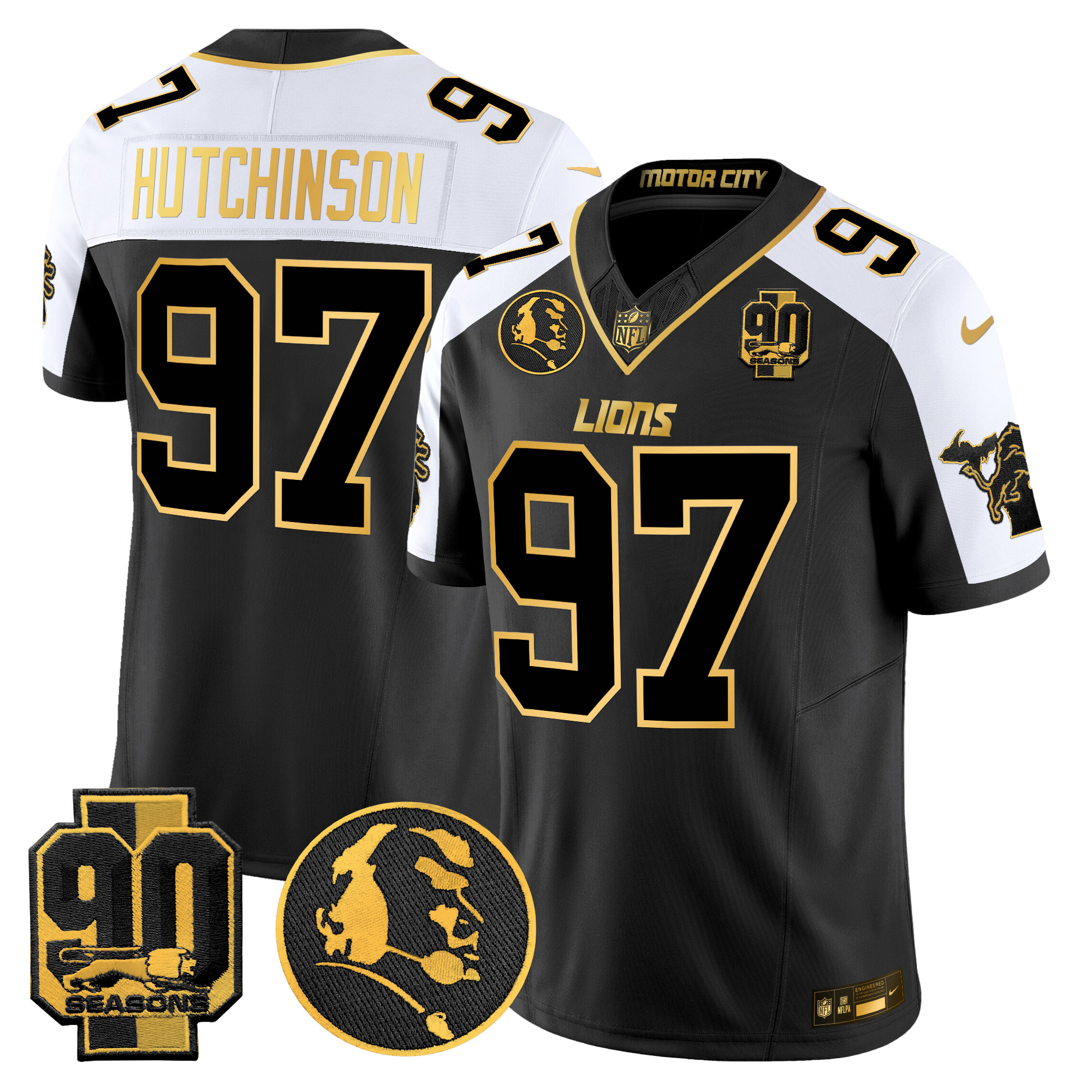 Hutchinson Men's Detroit Lions 2024 90th & John Madden Patch Gold Vapor Limited Alternate Jersey - All Stitched