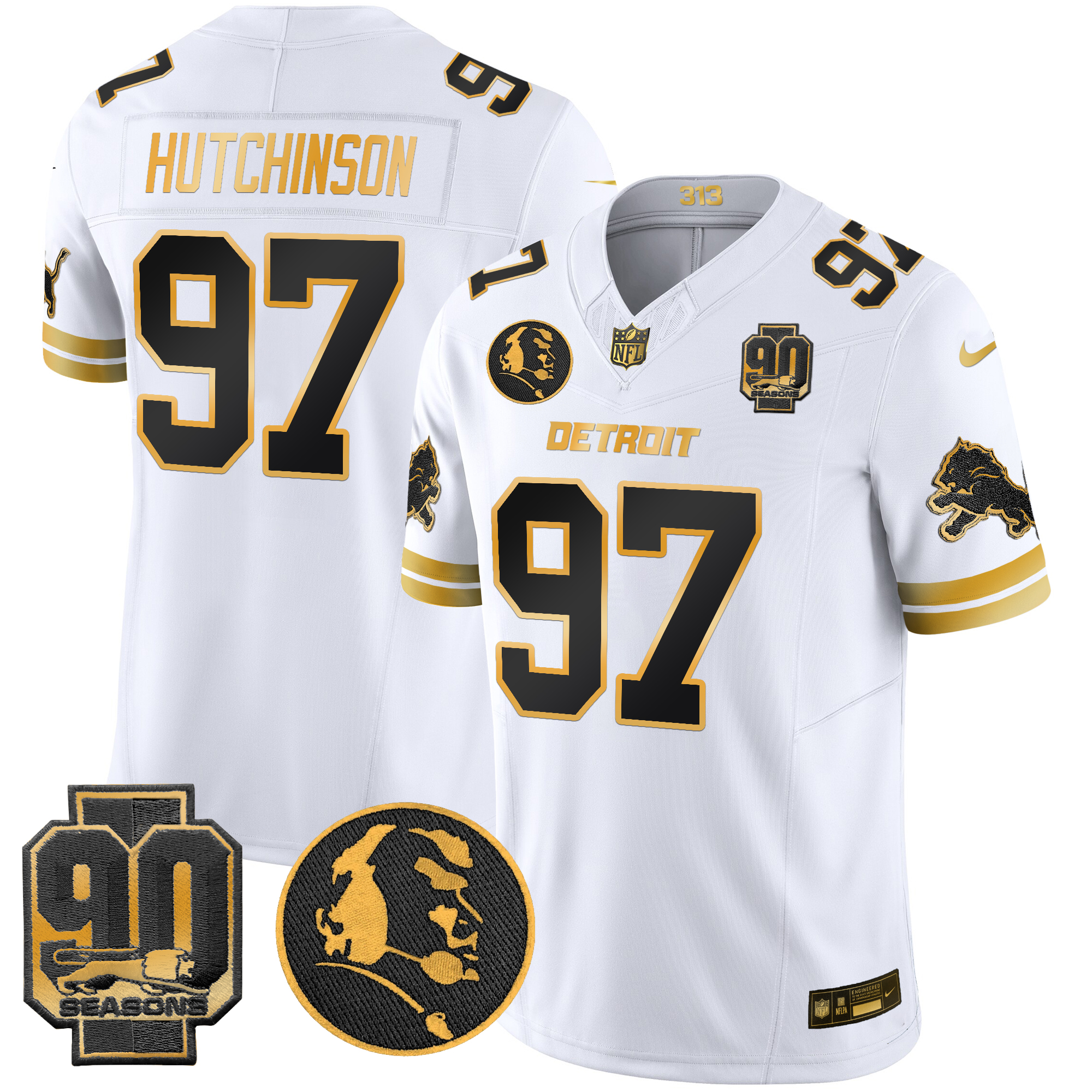 Hutchinson Men's Detroit Lions 2024 90th & John Madden Patch Gold Vapor Limited White Gold Jersey - All Stitched