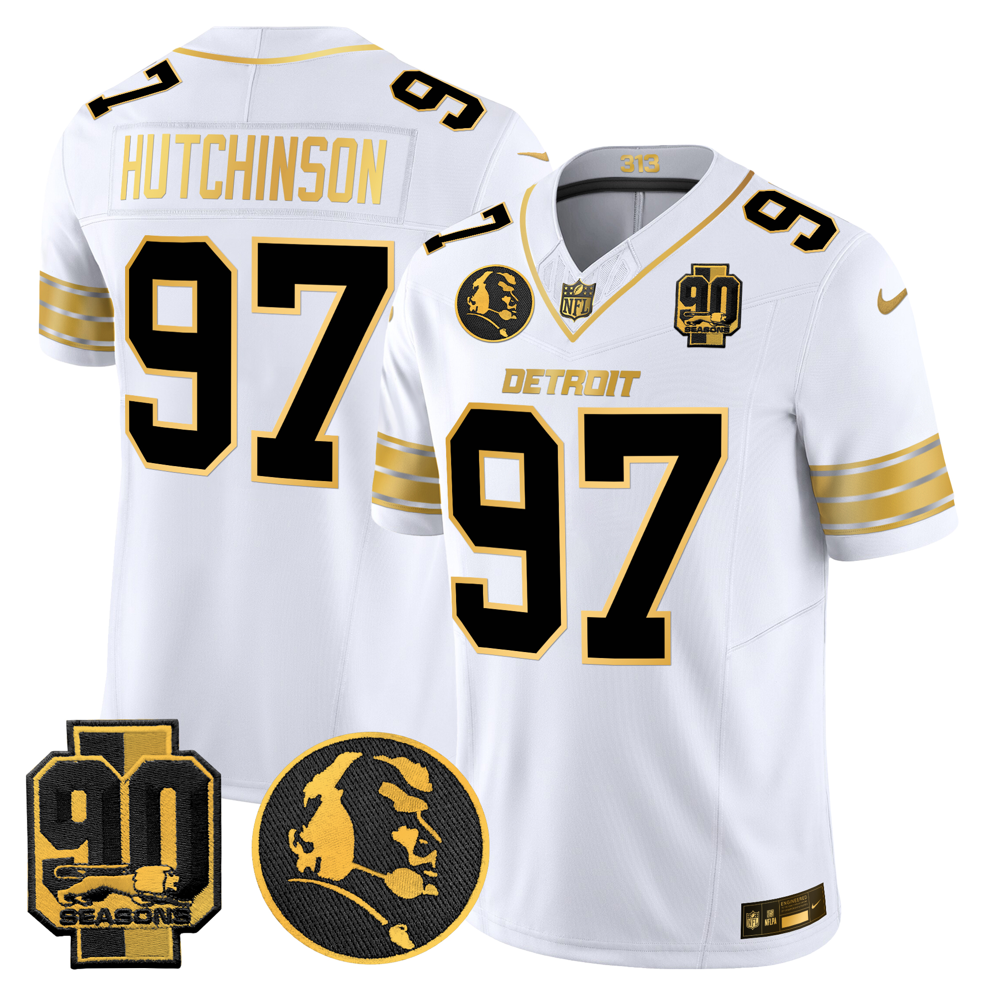 Hutchinson Men's Detroit Lions 2024 90th & John Madden Patch Gold Vapor Limited White Gold Jersey - All Stitched