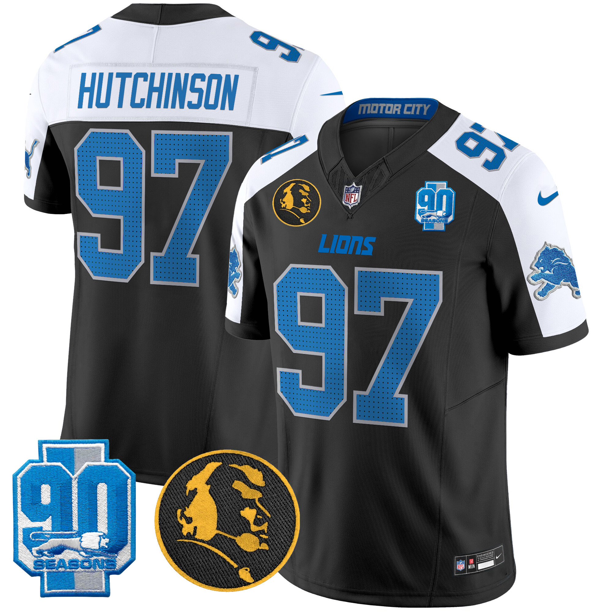 Hutchinson Men's Detroit Lions 2024 90th & John Madden Patch Vapor Limited Black Alternate Jersey - All Stitched