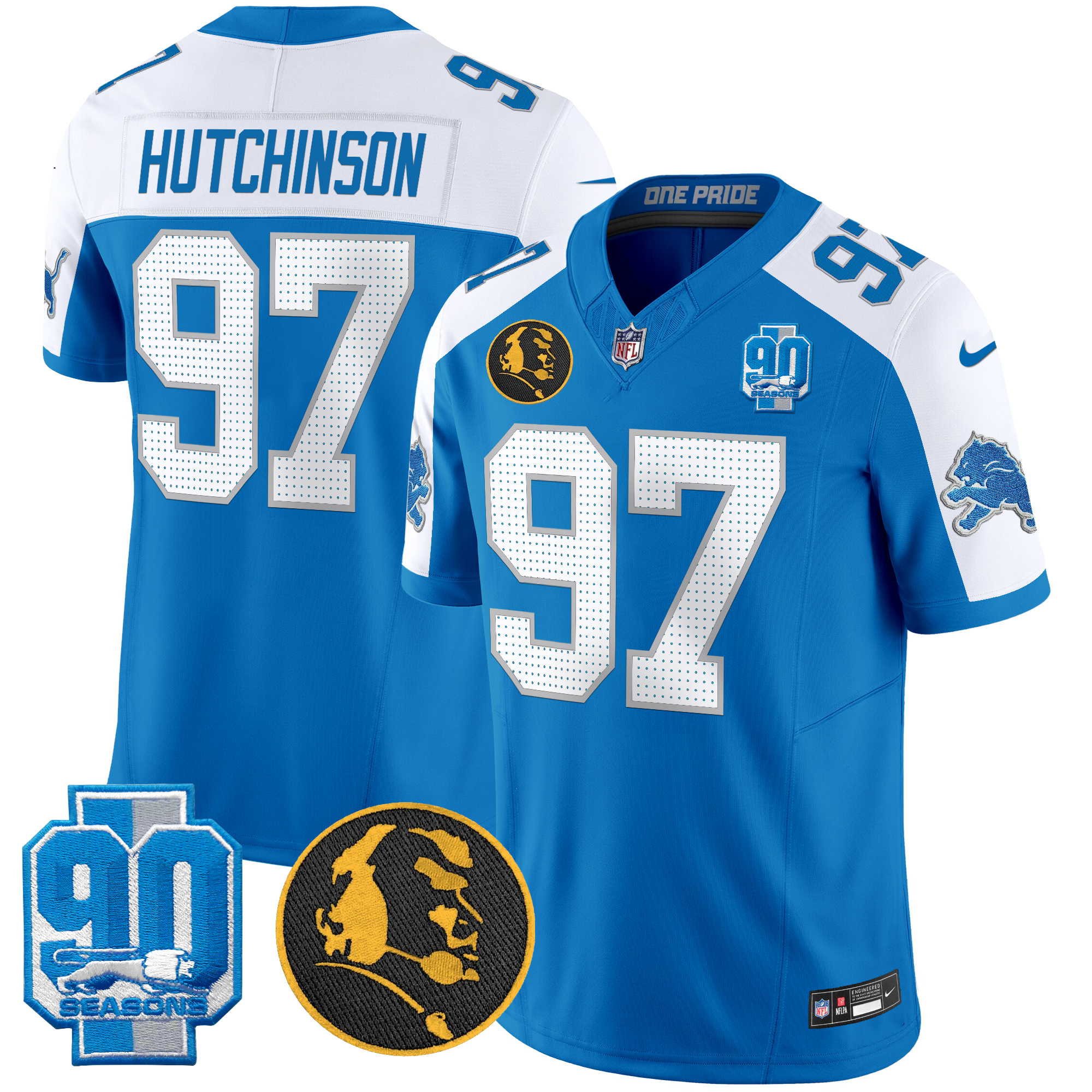 Hutchinson Men's Detroit Lions 2024 90th & John Madden Patch Vapor Limited Blue Alternate Jersey - All Stitched