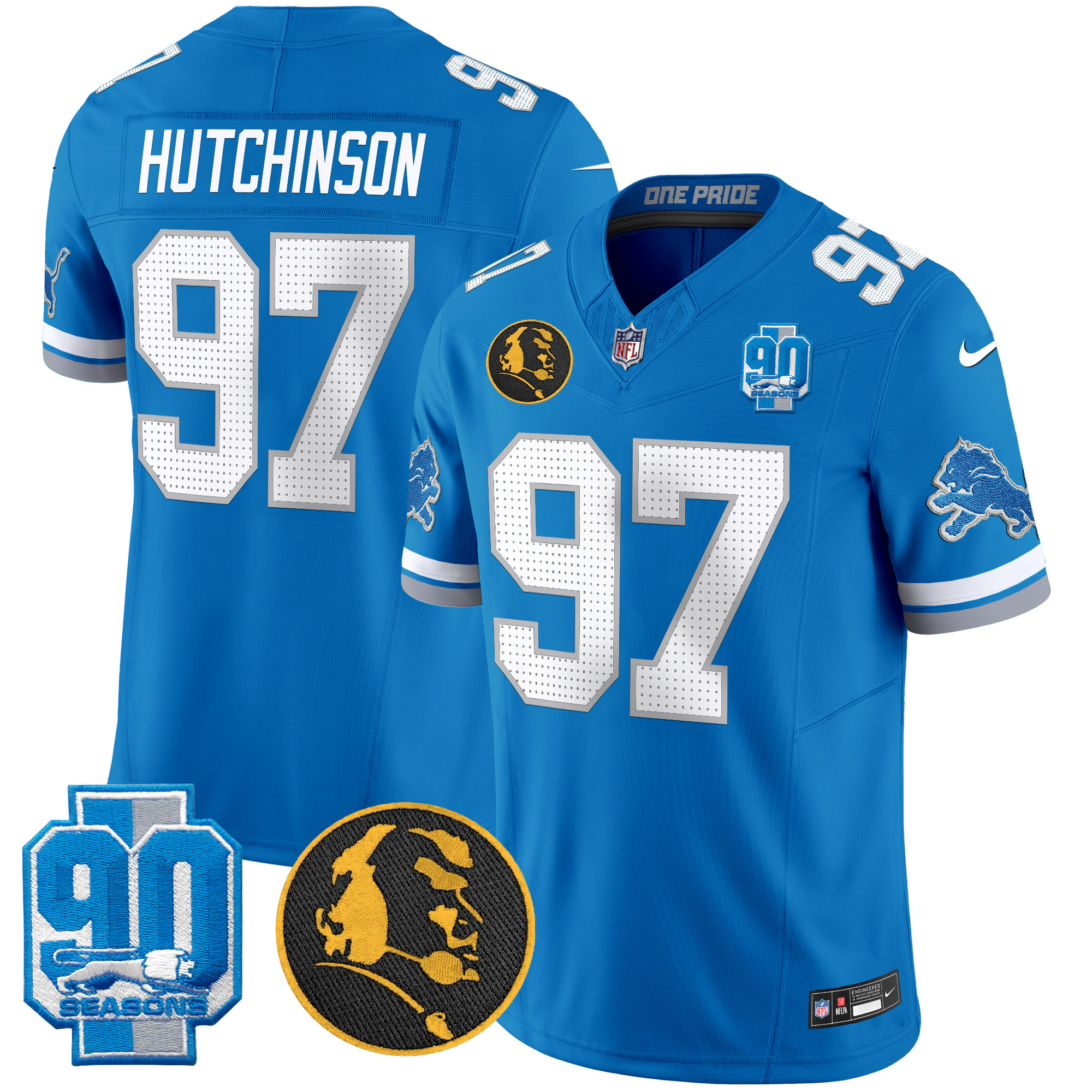Hutchinson Men's Detroit Lions 2024 90th & John Madden Patch Vapor Limited Blue Jersey - All Stitched