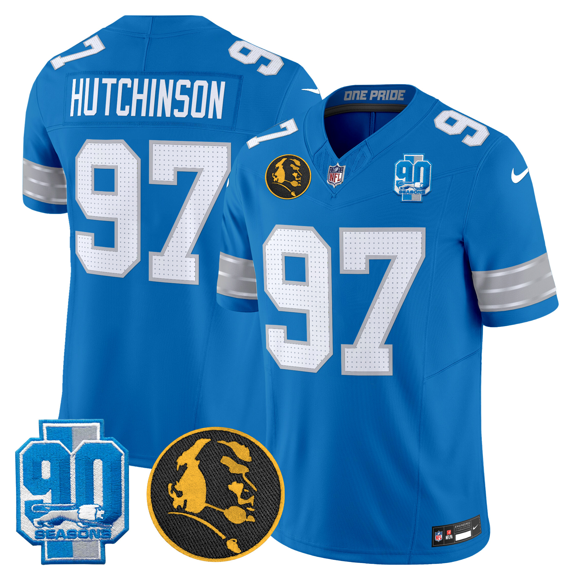 Hutchinson Men's Detroit Lions 2024 90th & John Madden Patch Vapor Limited Blue Jersey - All Stitched