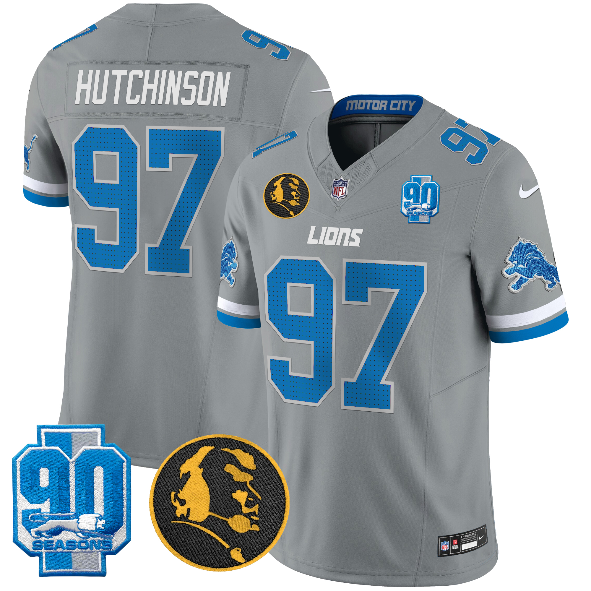 Hutchinson Men's Detroit Lions 2024 90th & John Madden Patch Vapor Limited Gray Jersey - All Stitched