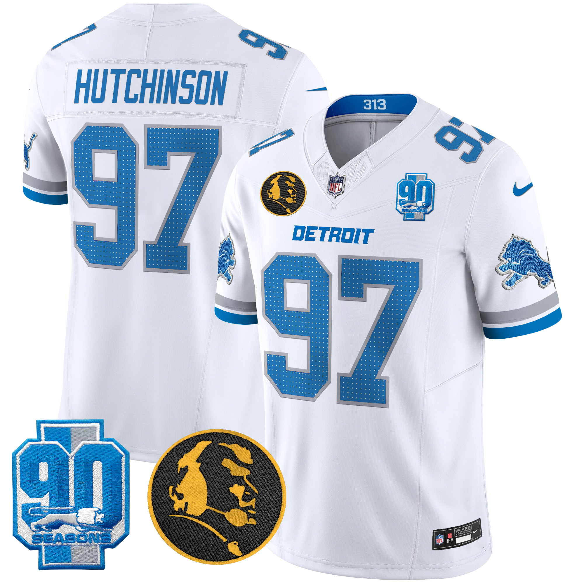 Hutchinson Men's Detroit Lions 2024 90th & John Madden Patch Vapor Limited White Jersey - All Stitched