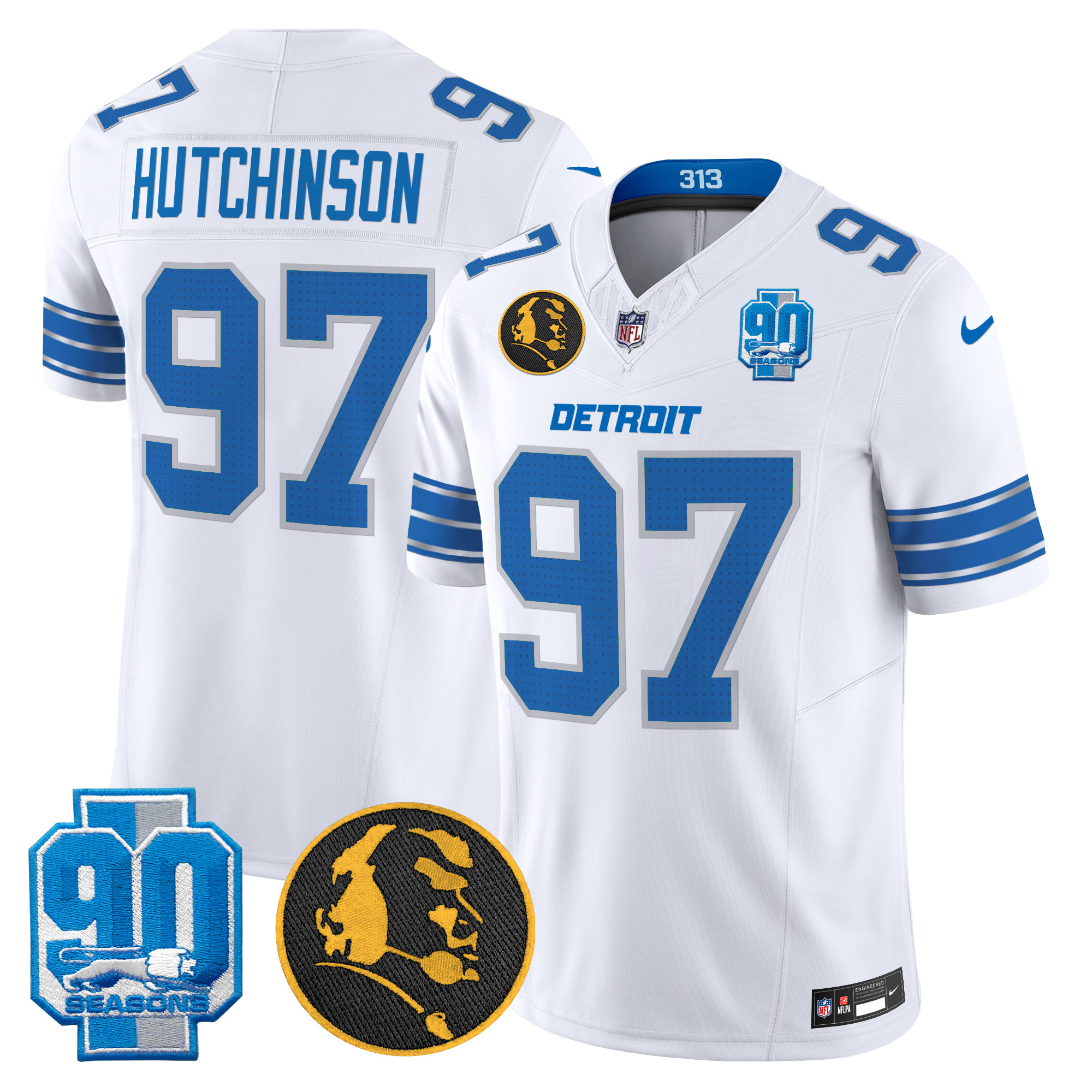 Hutchinson Men's Detroit Lions 2024 90th & John Madden Patch Vapor Limited White Jersey - All Stitched