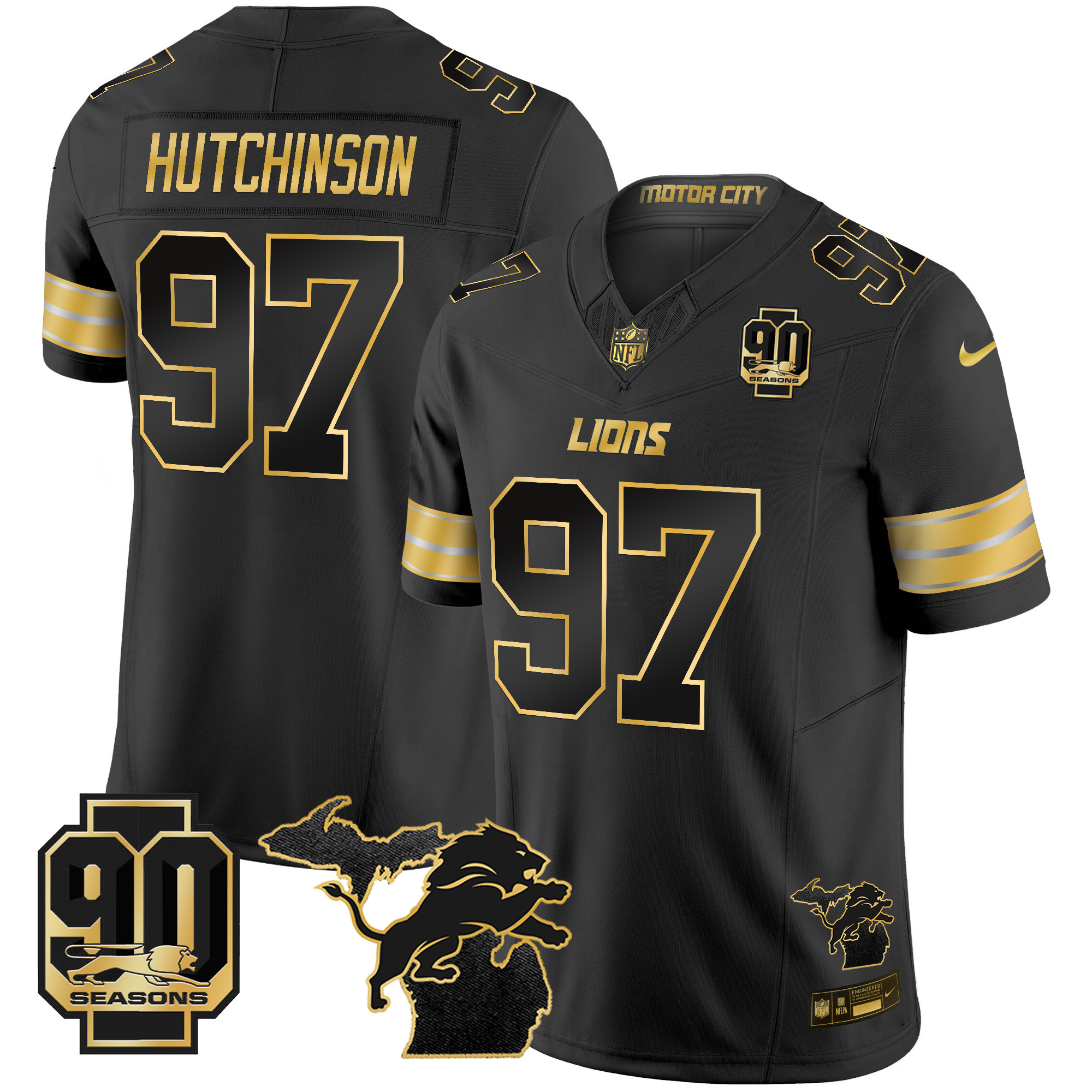 Hutchinson Men's Detroit Lions 2024 Michigan & 90th Season Patch Gold Vapor Limited Black Gold Jersey - All Stitched