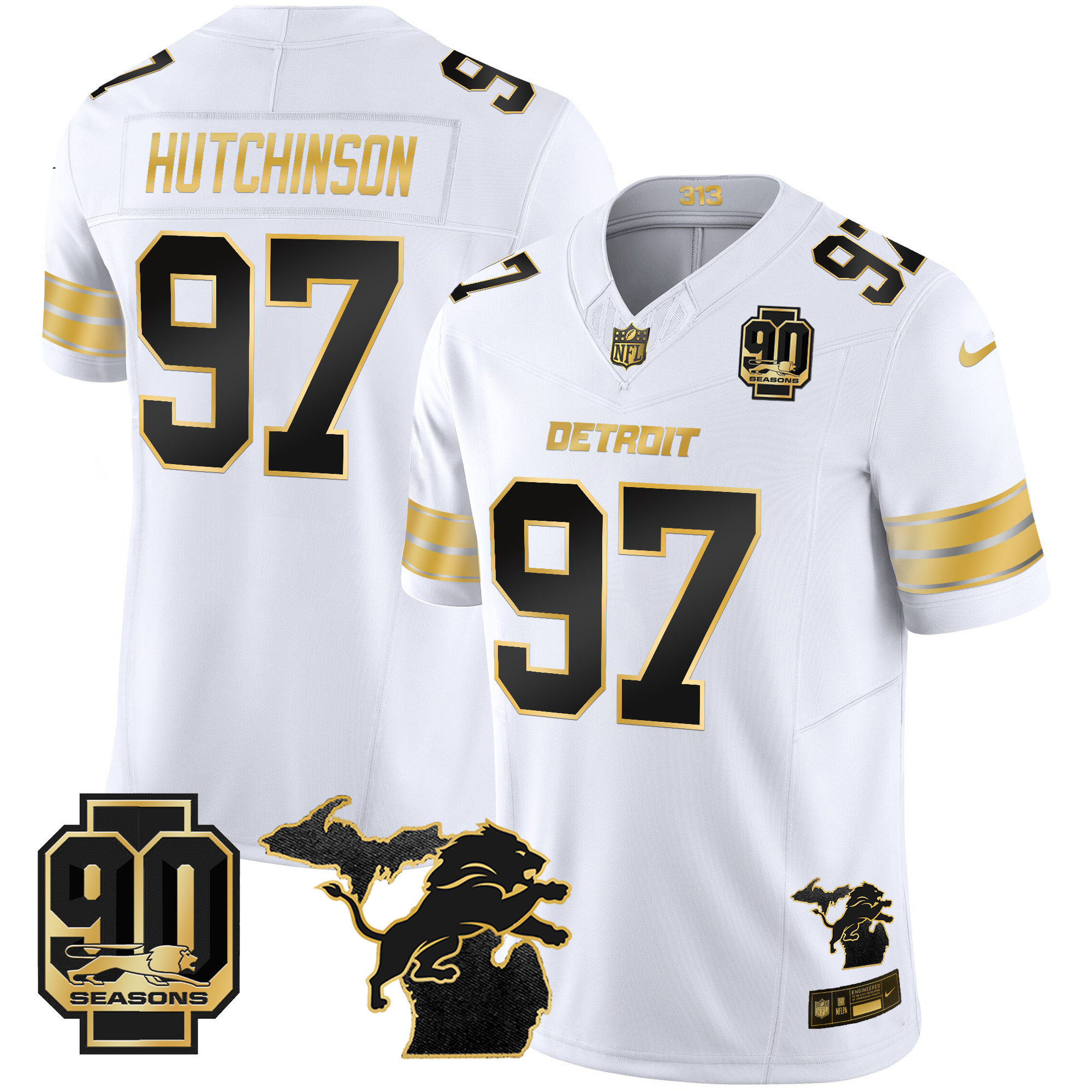 Hutchinson Men's Detroit Lions 2024 Michigan & 90th Season Patch Gold Vapor Limited White Gold Jersey - All Stitched