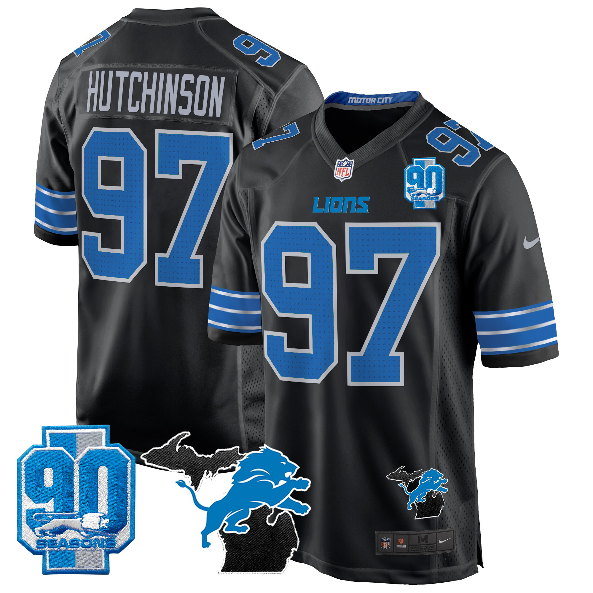 Hutchinson Men's Detroit Lions 2024 Michigan & 90th Year Patch Game Black Jersey - All Stitched