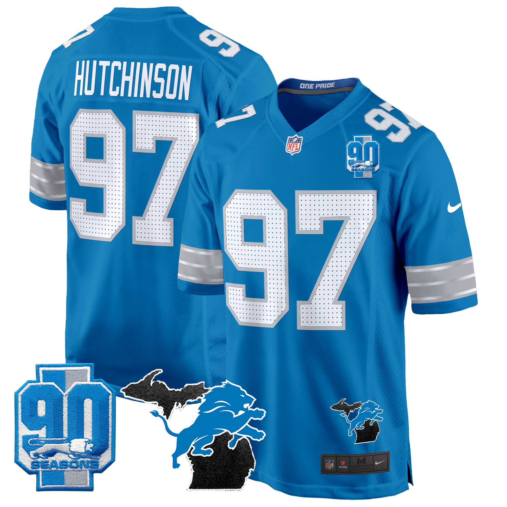 Hutchinson Men's Detroit Lions 2024 Michigan & 90th Year Patch Game Blue Jersey - All Stitched