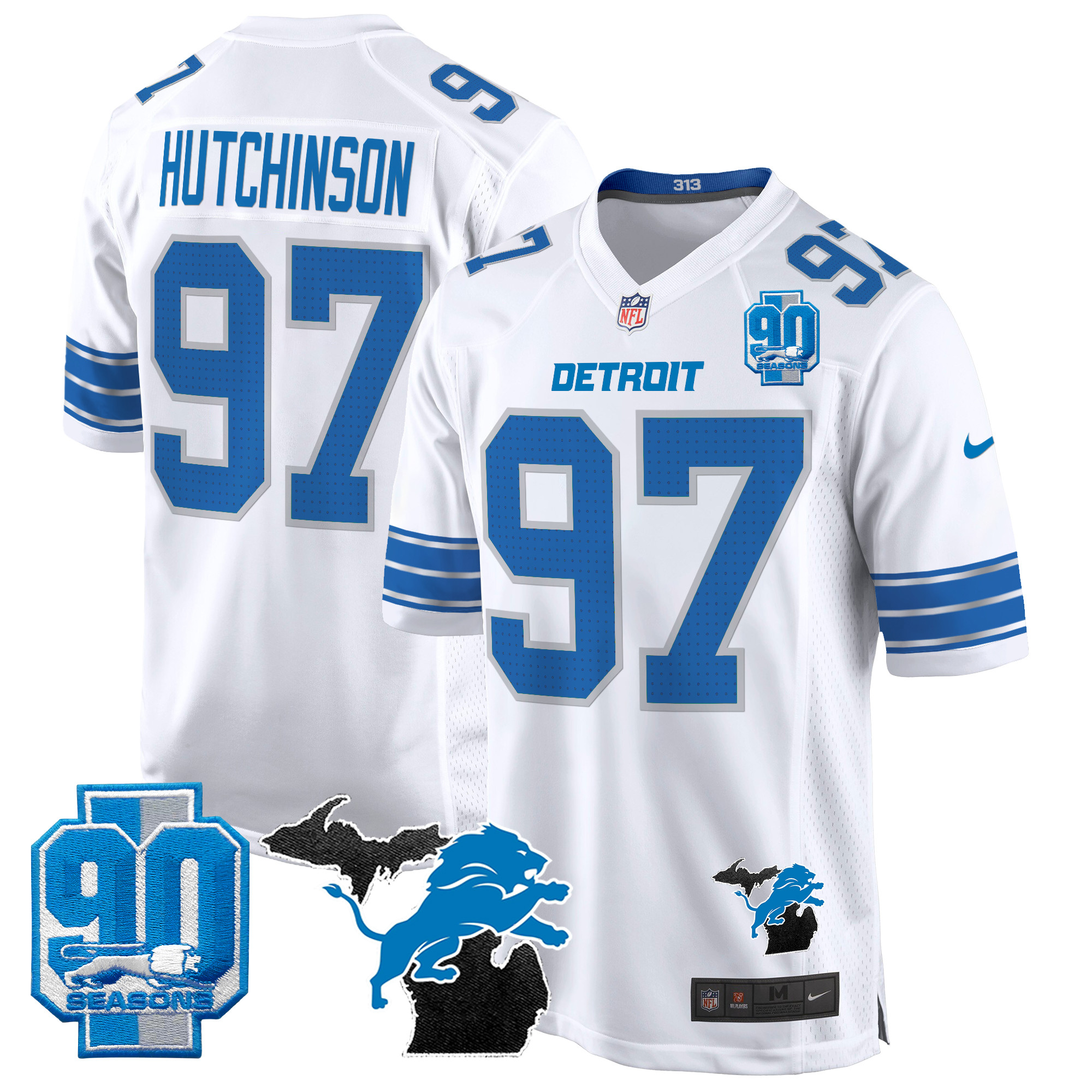 Hutchinson Men's Detroit Lions 2024 Michigan & 90th Year Patch Game White Jersey - All Stitched