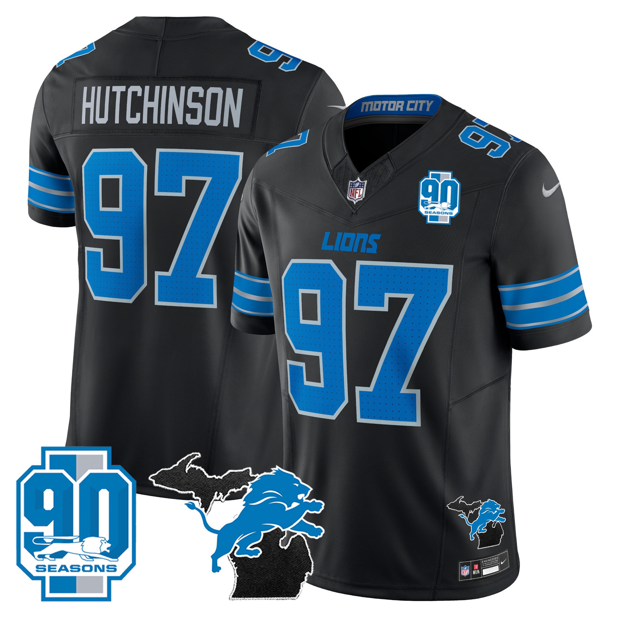 Hutchinson Men's Detroit Lions 2024 Michigan & 90th Year Patch Vapor Black Jersey - All Stitched