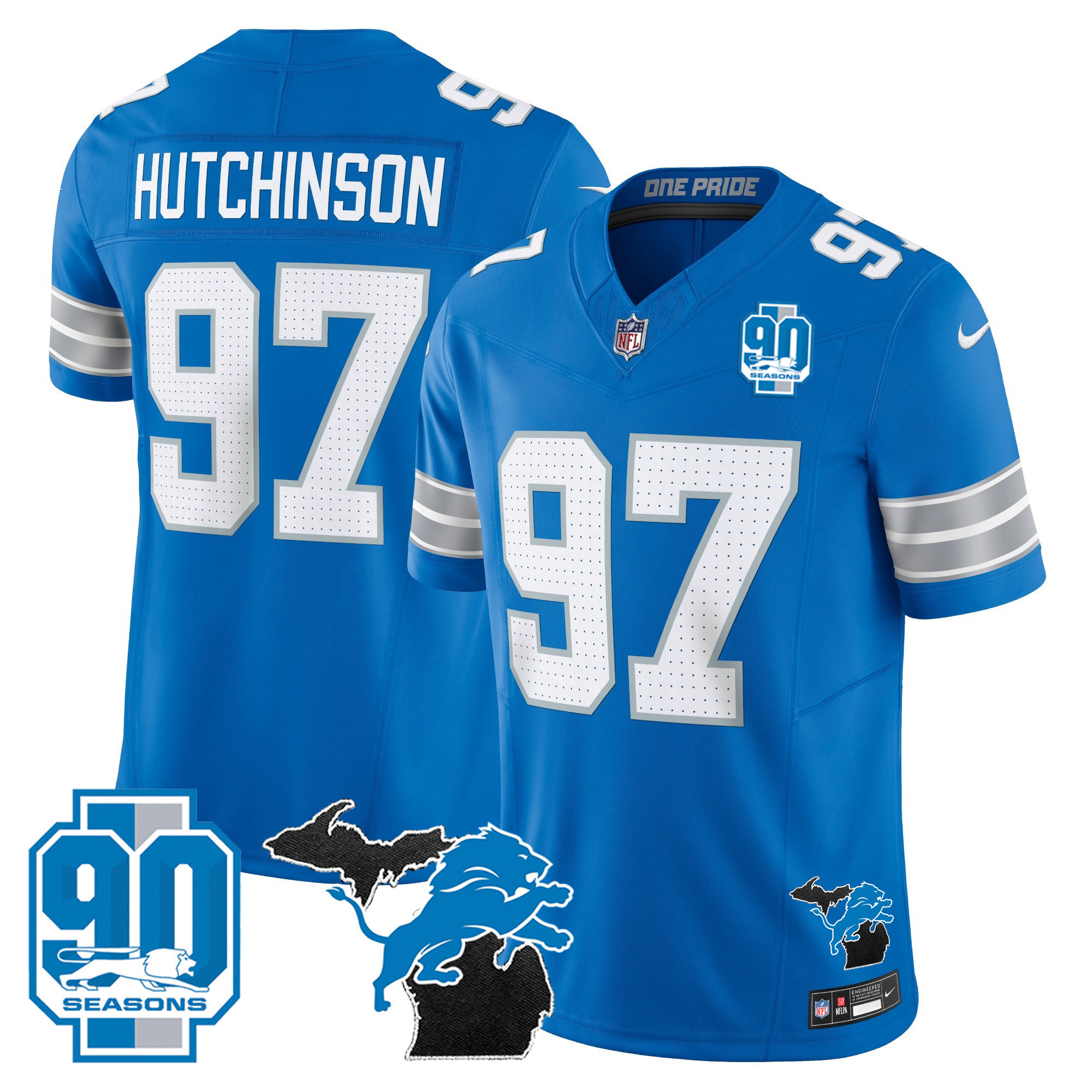 Hutchinson Men's Detroit Lions 2024 Michigan & 90th Year Patch Vapor Blue Jersey - All Stitched