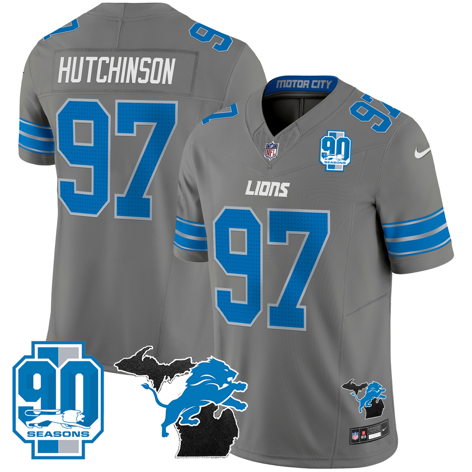 Hutchinson Men's Detroit Lions 2024 Michigan & 90th Year Patch Vapor Gray Jersey - All Stitched
