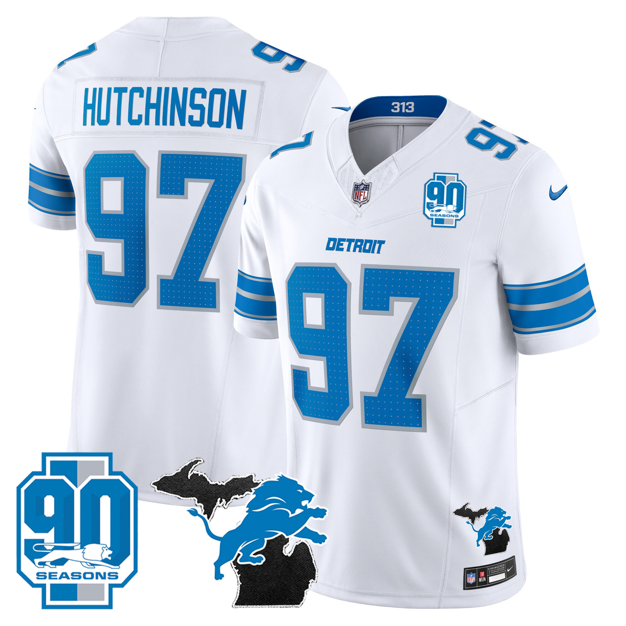 Hutchinson Men's Detroit Lions 2024 Michigan & 90th Year Patch Vapor White Jersey - All Stitched