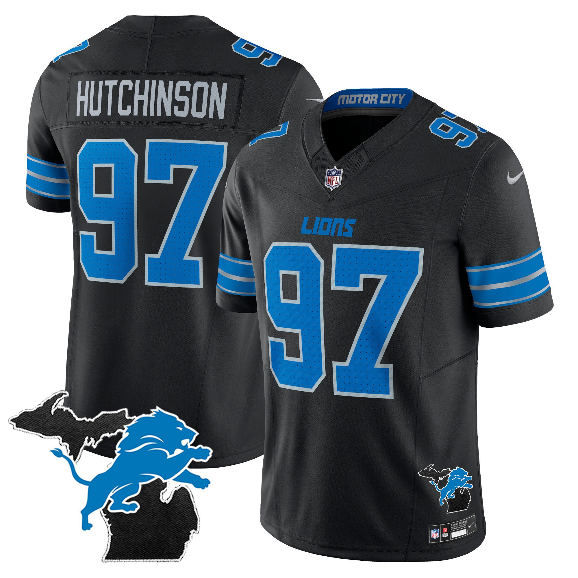 Hutchinson Men's Detroit Lions 2024 Michigan Patch Vapor Limited Black Jersey - All Stitched