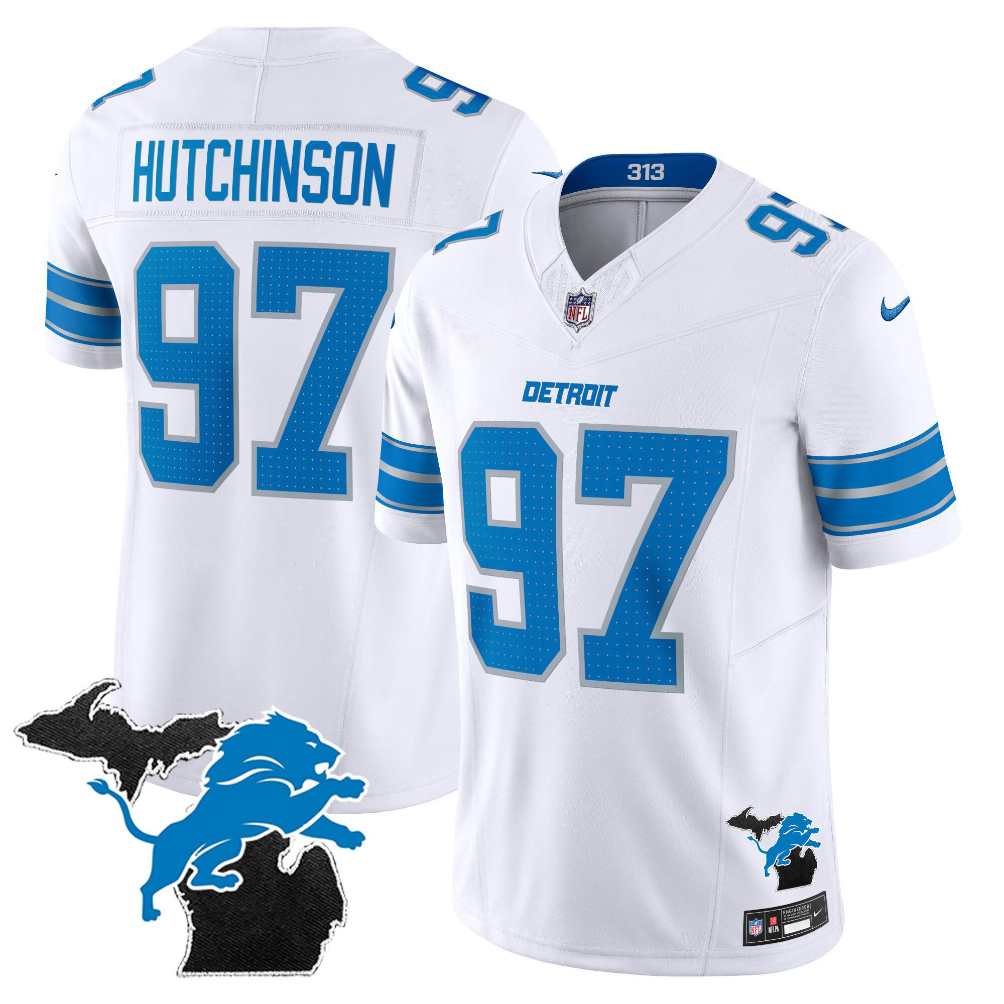Hutchinson Men's Detroit Lions 2024 Michigan Patch Vapor Limited White Jersey - All Stitched