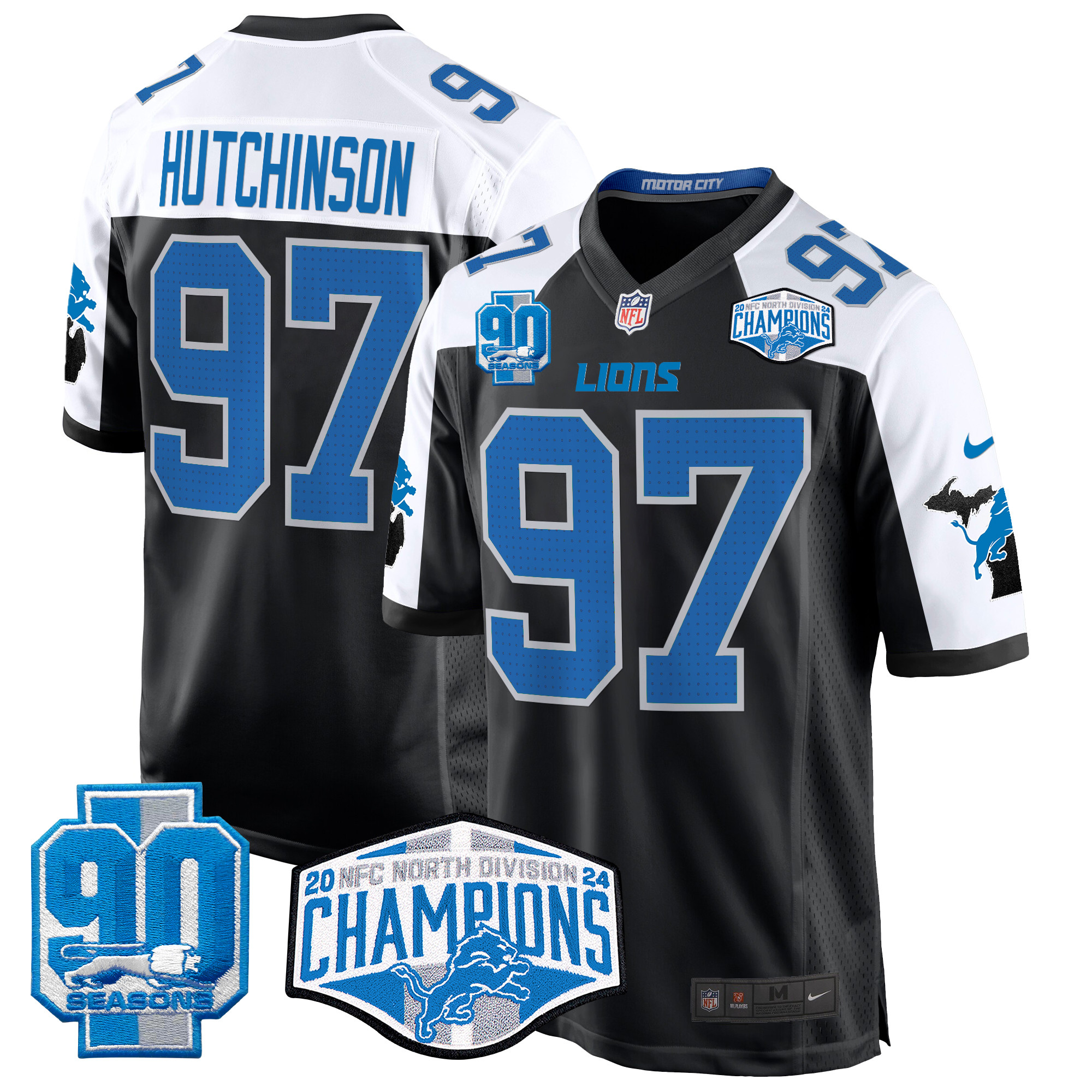 Hutchinson Men's Detroit Lions 2024 NFC North Division Champions Patch Game Black Alternate Jersey - All Stitched