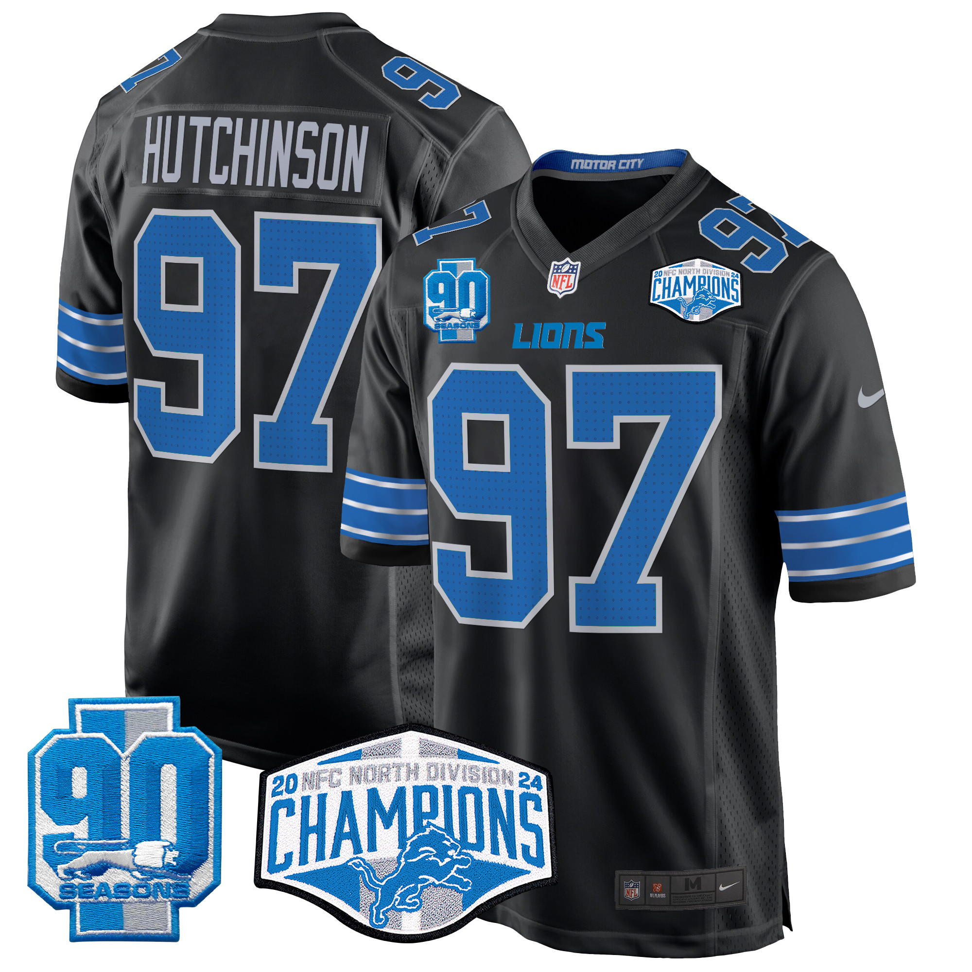 Hutchinson Men's Detroit Lions 2024 NFC North Division Champions Patch Game Black Jersey - All Stitched