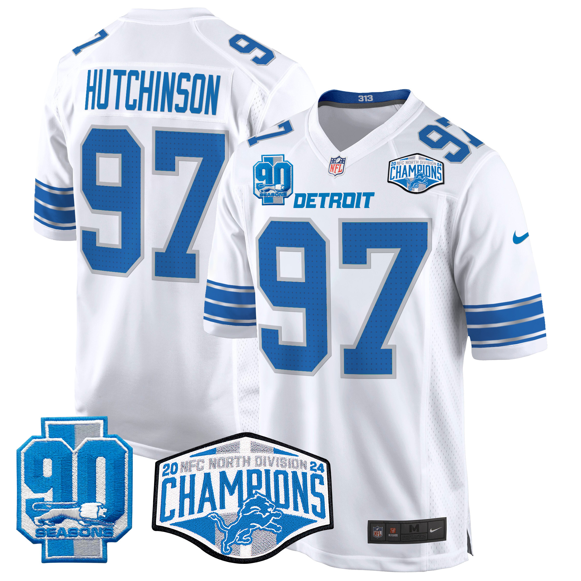 Hutchinson Men's Detroit Lions 2024 NFC North Division Champions Patch Game White Jersey - All Stitched