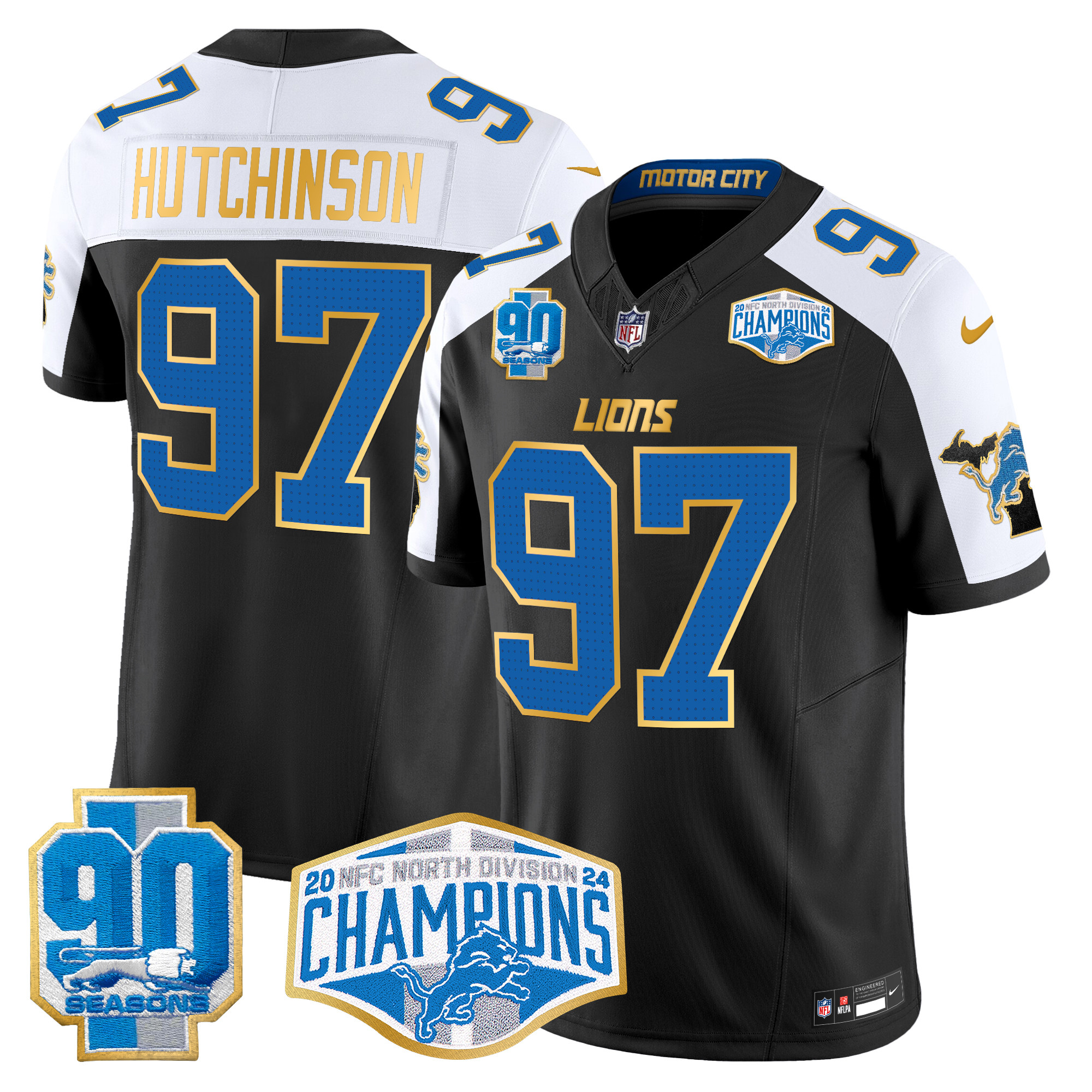 Hutchinson Men's Detroit Lions 2024 NFC North Division Champions Patch Gold Trim Vapor Limited Black Alternate Jersey - All Stitched